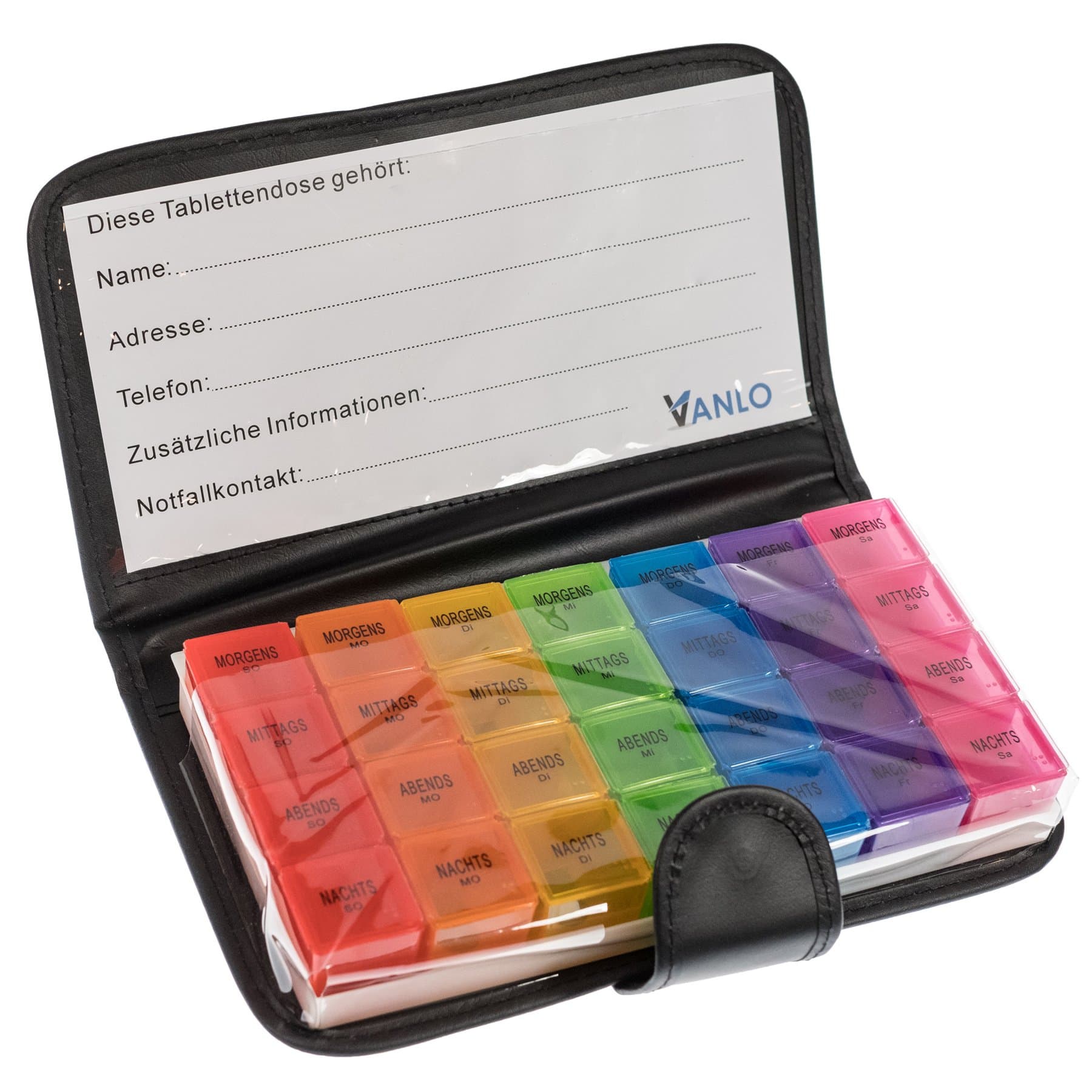 Vanlo XXL weekly tablet box with 4 compartments per day in leather case.