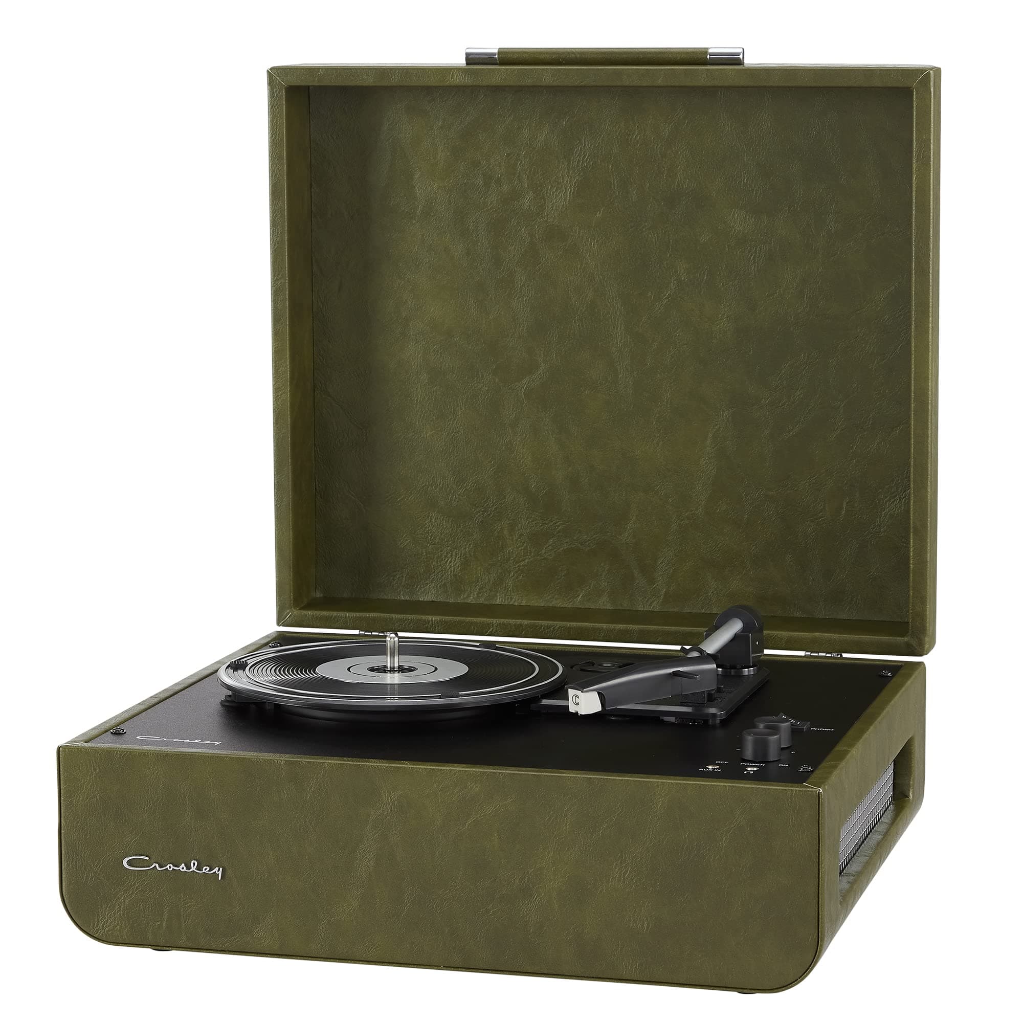 Mercury Retro Record Player with 2 Speakers, Bluetooth In/Out & AUX - 3 Speed Record Player - For 7", 10" and 12" Vinyl - Portable with Integrated Case - Green Leather Look