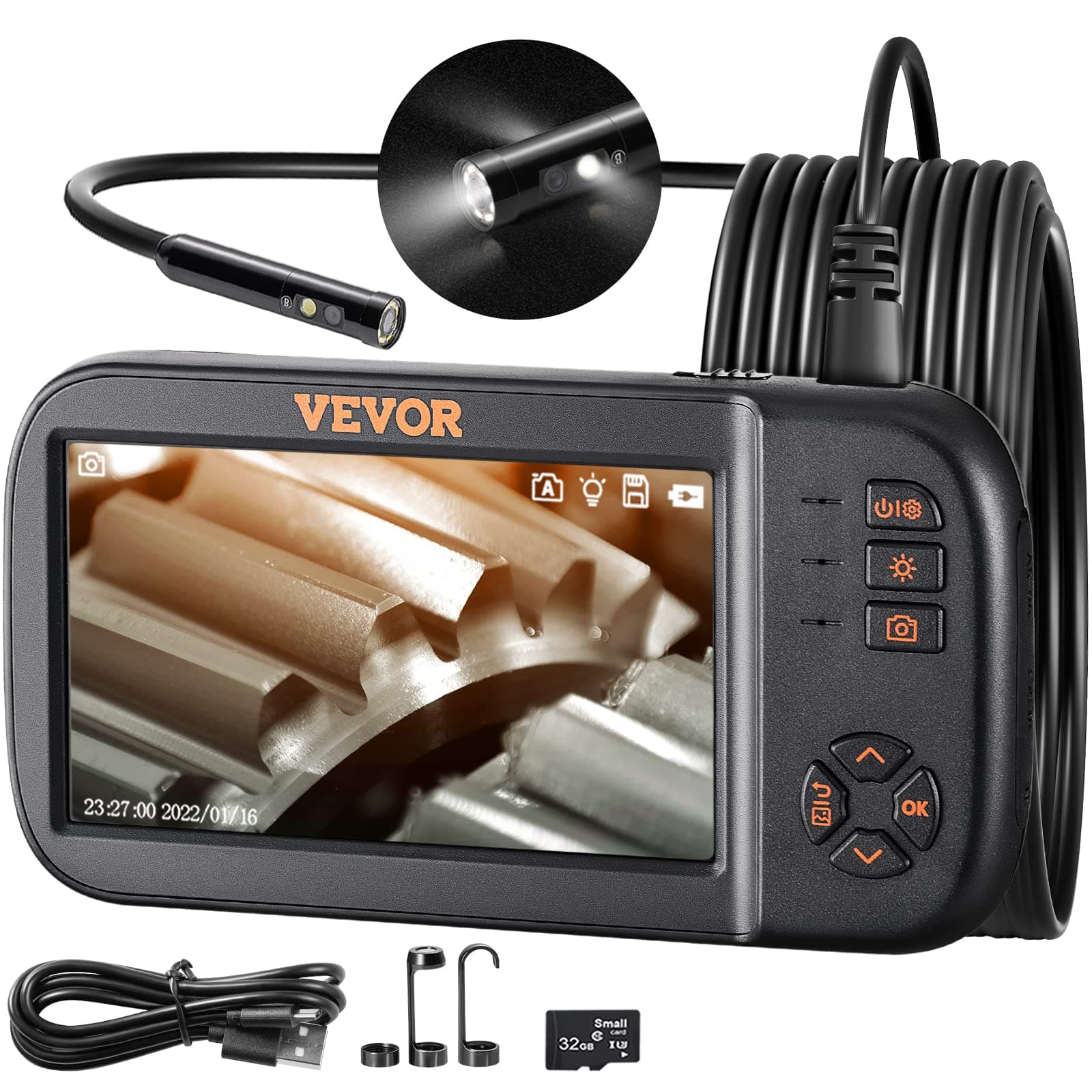 VEVOR Triple Lens Endoscope Camera, 4.5" IPS Screen Borescope Inspection Camera with 1080P Lens, 10 Adjustable Light, 2860 mAh Battery, Waterproof & Oilproof Endoscope for Auto, Wall, Drain Inspection