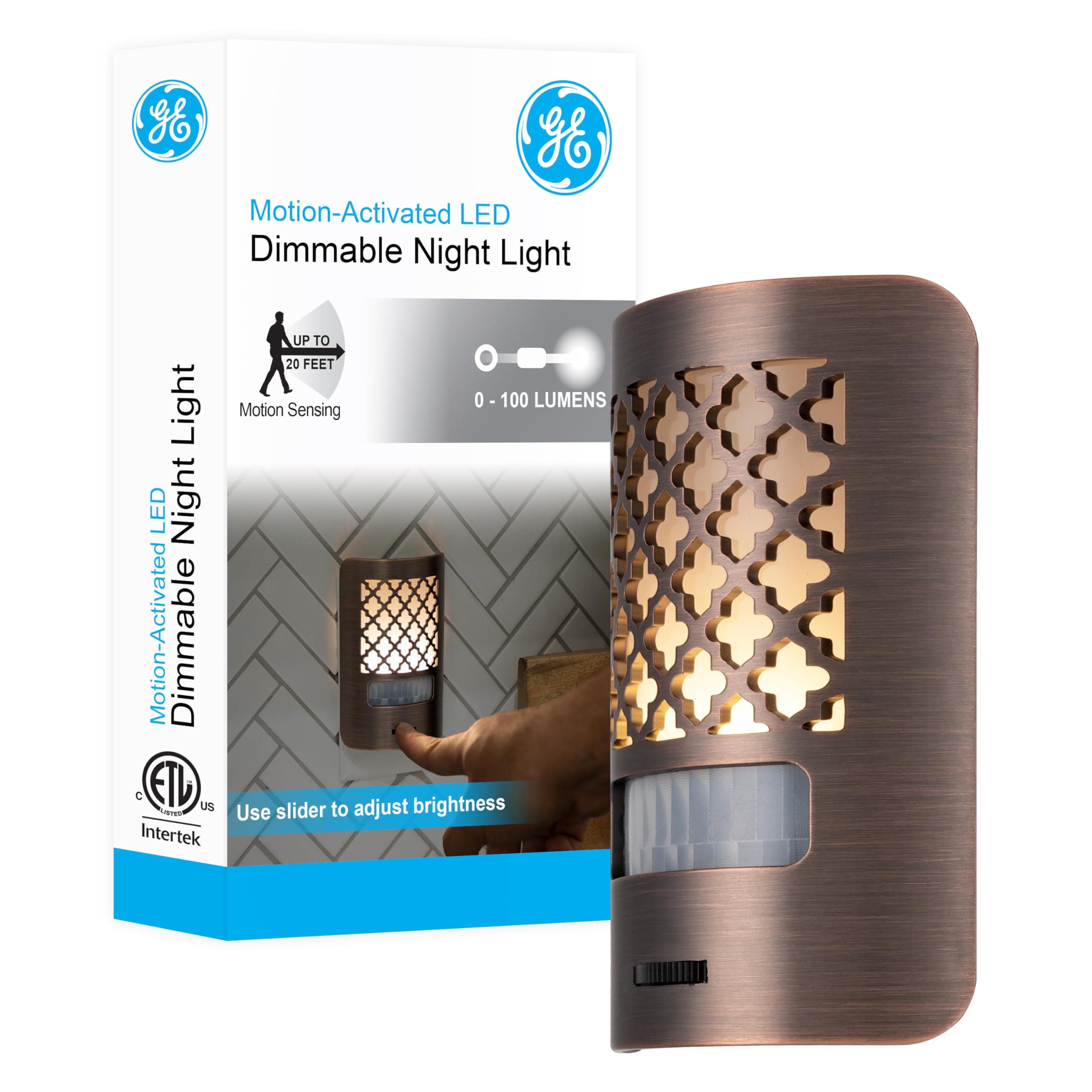 GELED Night Light, Motion Sensing, Dimmable, Moroccan Design, Plug-in, UL-Certified, Ideal Nightlight for Bedroom, Bathroom, Kitchen, Hallway, and More, 67552