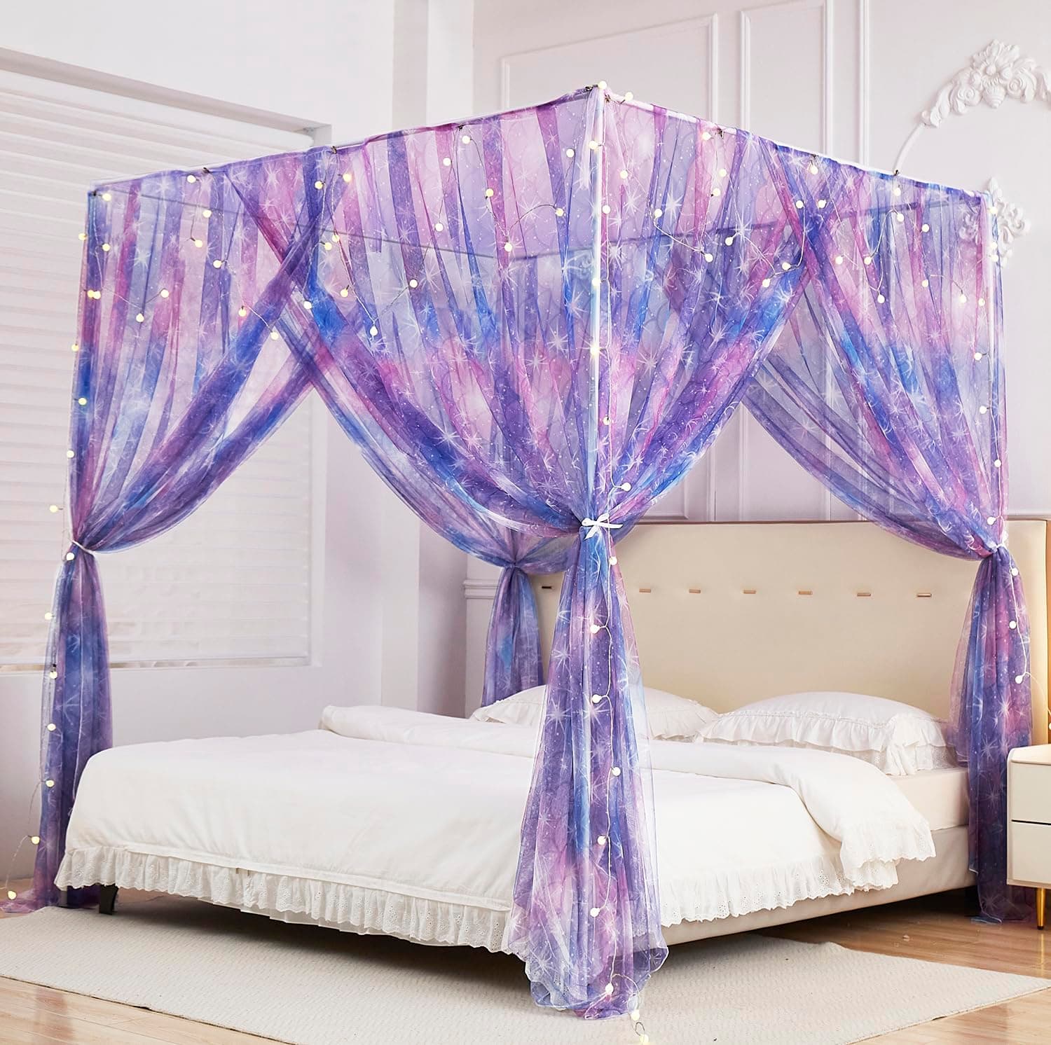 Mengersi Tie Dye Canopy Bed Curtains with Lights,Gradient Ombre Bed Canopy for Girls,Princess Bed Drapes for Girls Room Decor(Queen,Purple)