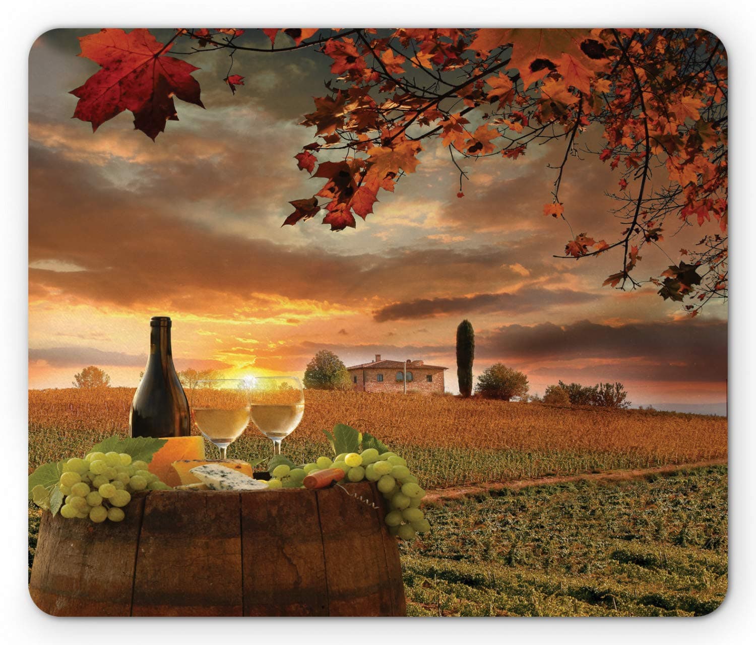 Lunarable Winery Mouse Pad, White Wine Cask on Vineyard at Sunset in Chianti Tuscany Italy, Rectangle Non-Slip Rubber Mousepad, Standard Size, Apple Green Orange Brown