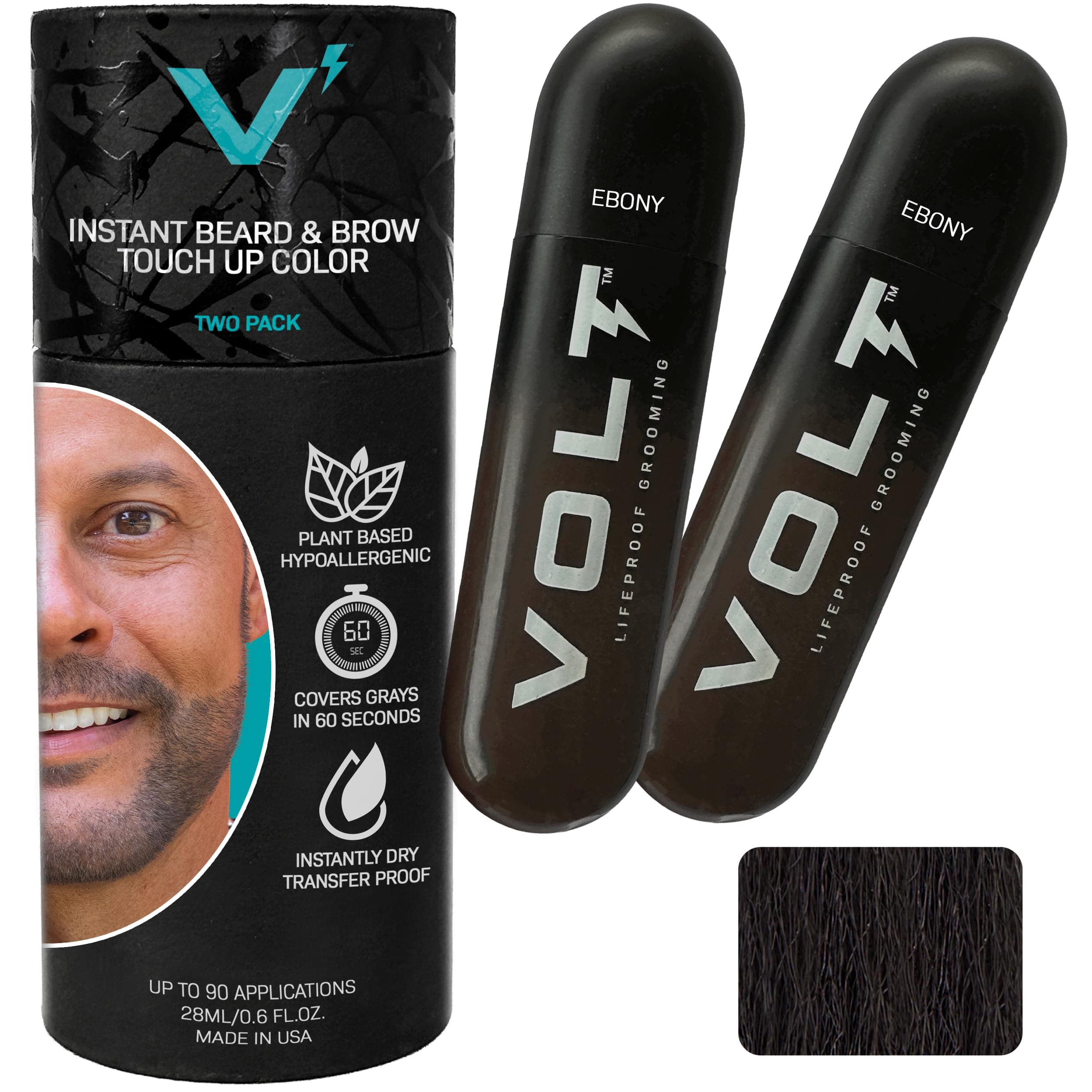 VOLT Grooming Instant Beard Color ECO 2 Pack Refill - Smudge and Water Resistant Quick Drying Brush on Color for Beards, Mustaches, and Eyebrows, Ebony (Brown/Black)