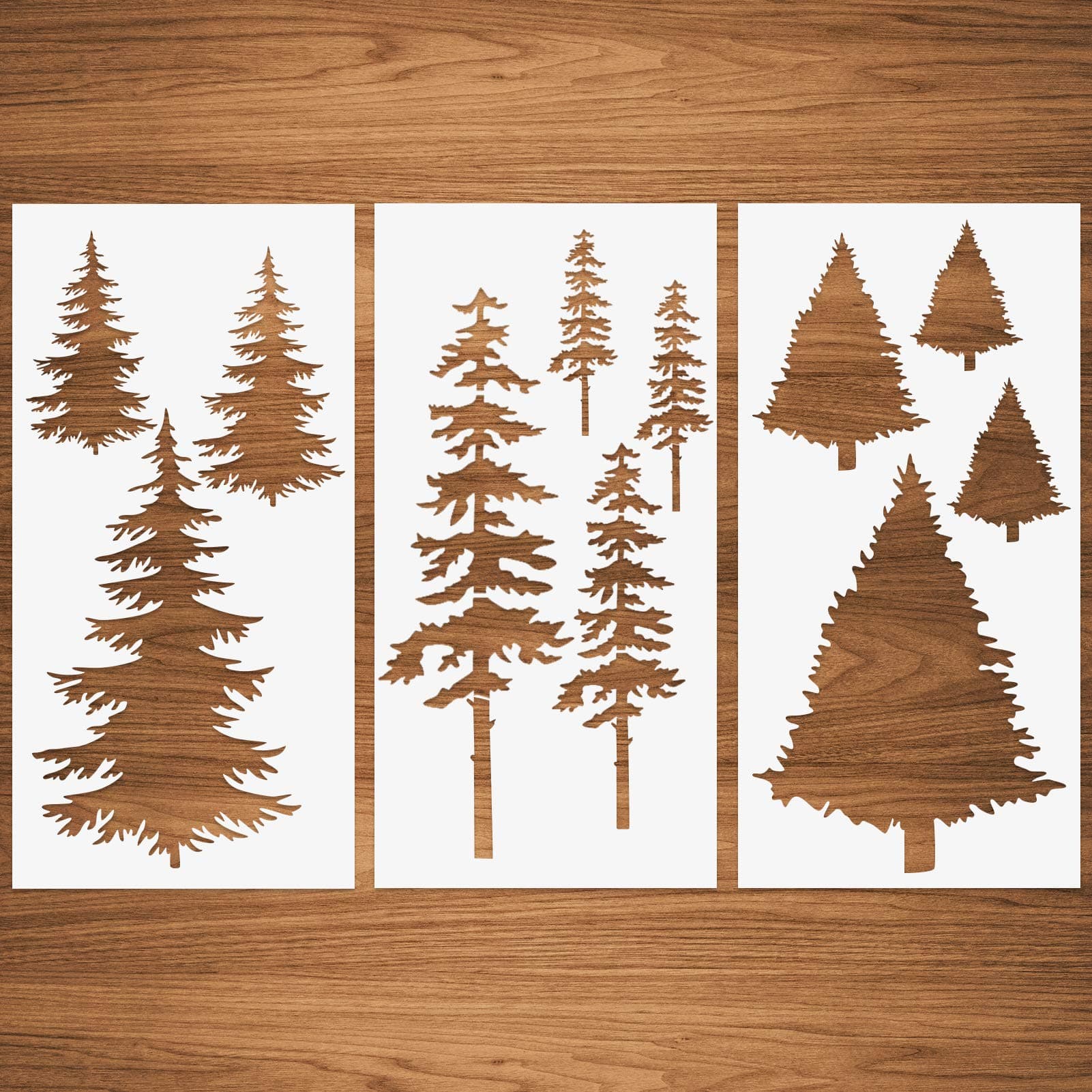 Tree Stencils, Tall Pine Fir Tree Cypress Cedar Fall Wall Stencil 3 Packs for Painting on Wood Furniture Canvas Home Decor Crafts Trees Reusable Mylar Stencils 6"x12"