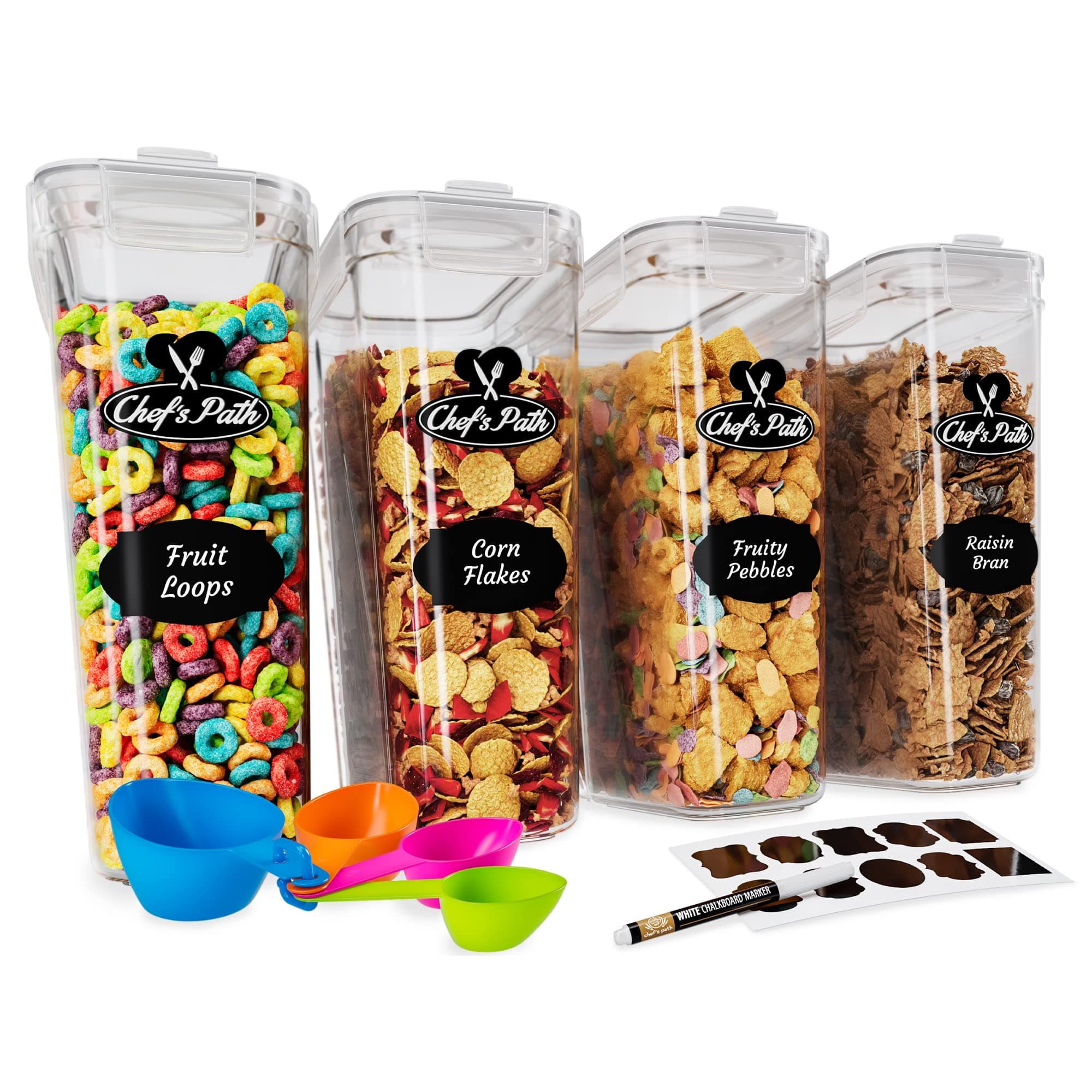 Cereal Container Storage Set - Airtight Food Storage Containers, 8 Labels, Spoon Set & Pen, Great for Flour - BPA-Free Dispenser Keepers (4000ml) - (4)