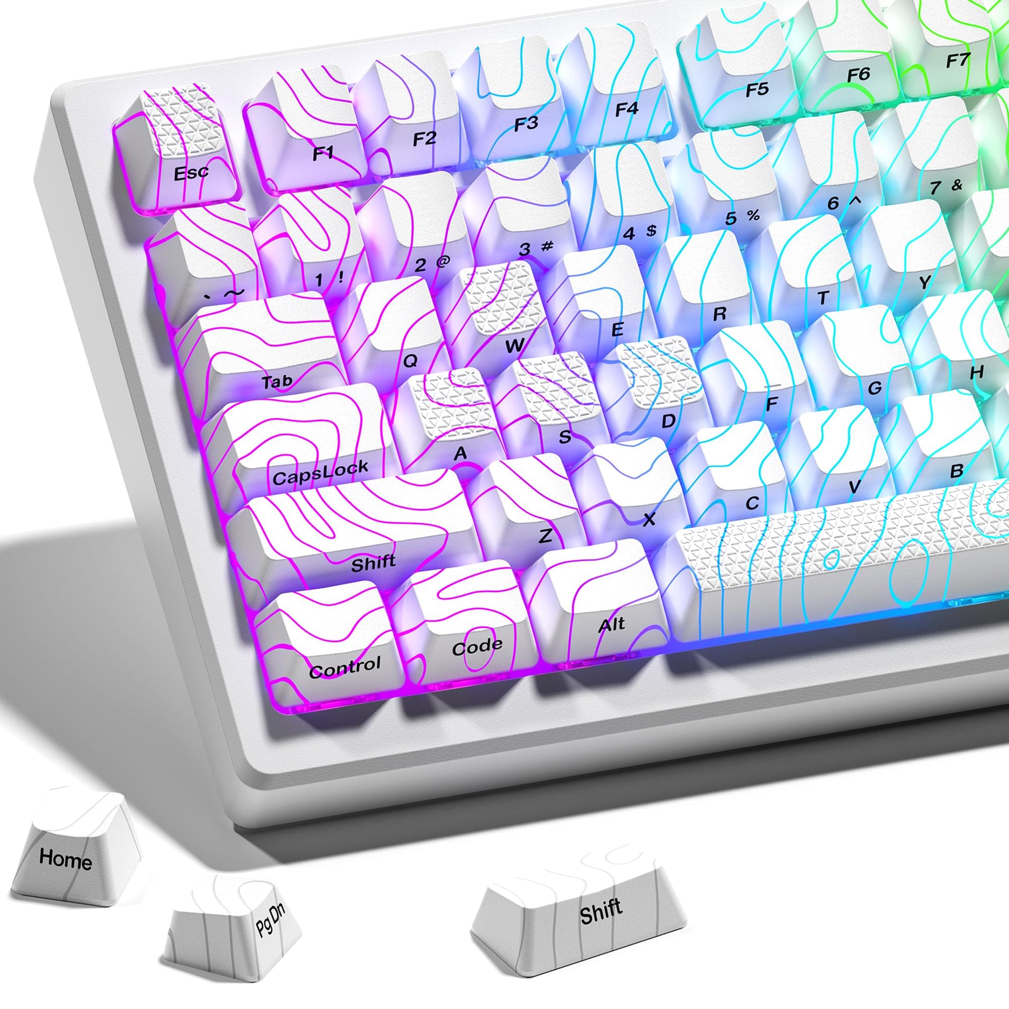 HITIME XVX Shine Through Keycaps with IMD Tech, Custom Keycaps 60 75 100 Percent, White Key Cap Set OEM Profile,118 Keys Side Printed for Mechanical Keyboard, Topographic