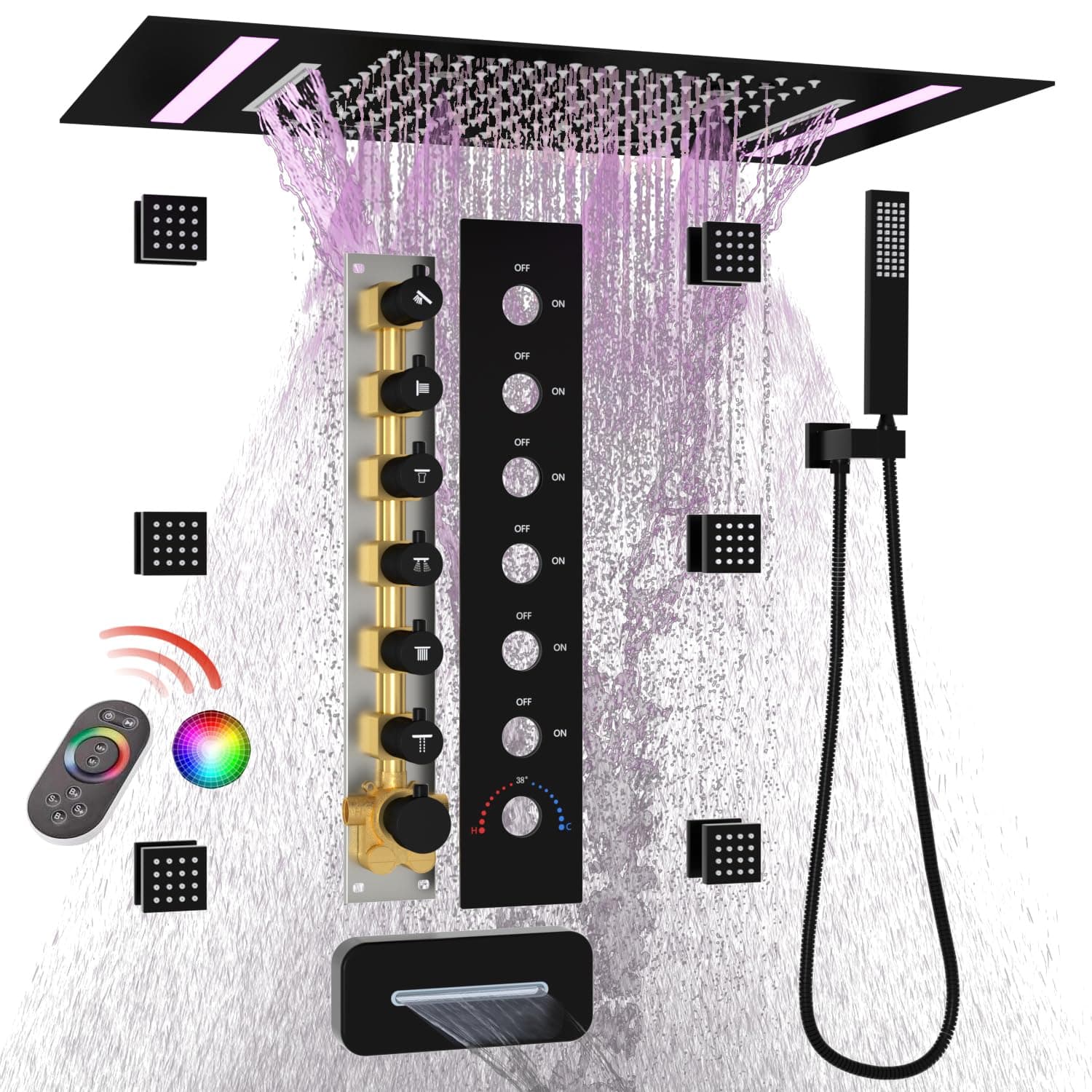 - LED Multi Functions Full Body Shower System with 6pcs Body Jets Spray with（Up/Down ）Shower Spout, Large 3 In 1 Functions 14x20inch Showerhead, Rainfall Mist Shower Faucet Set Complete, Black
