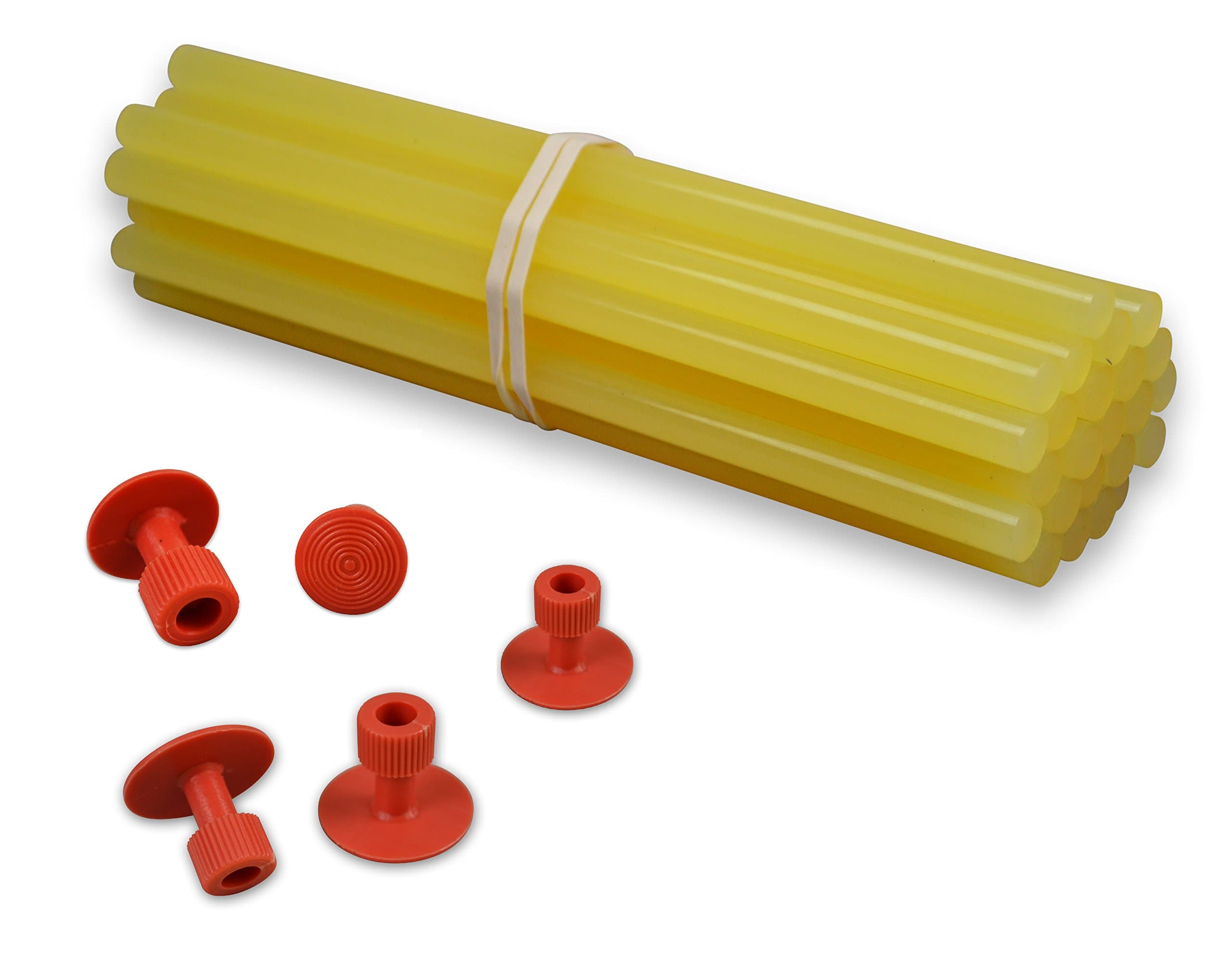Dent Magic High Bond Amber PDR Glue Sticks Set of 24 and 5 Glue Adapter Tabs Paintless Dent Smart Repair