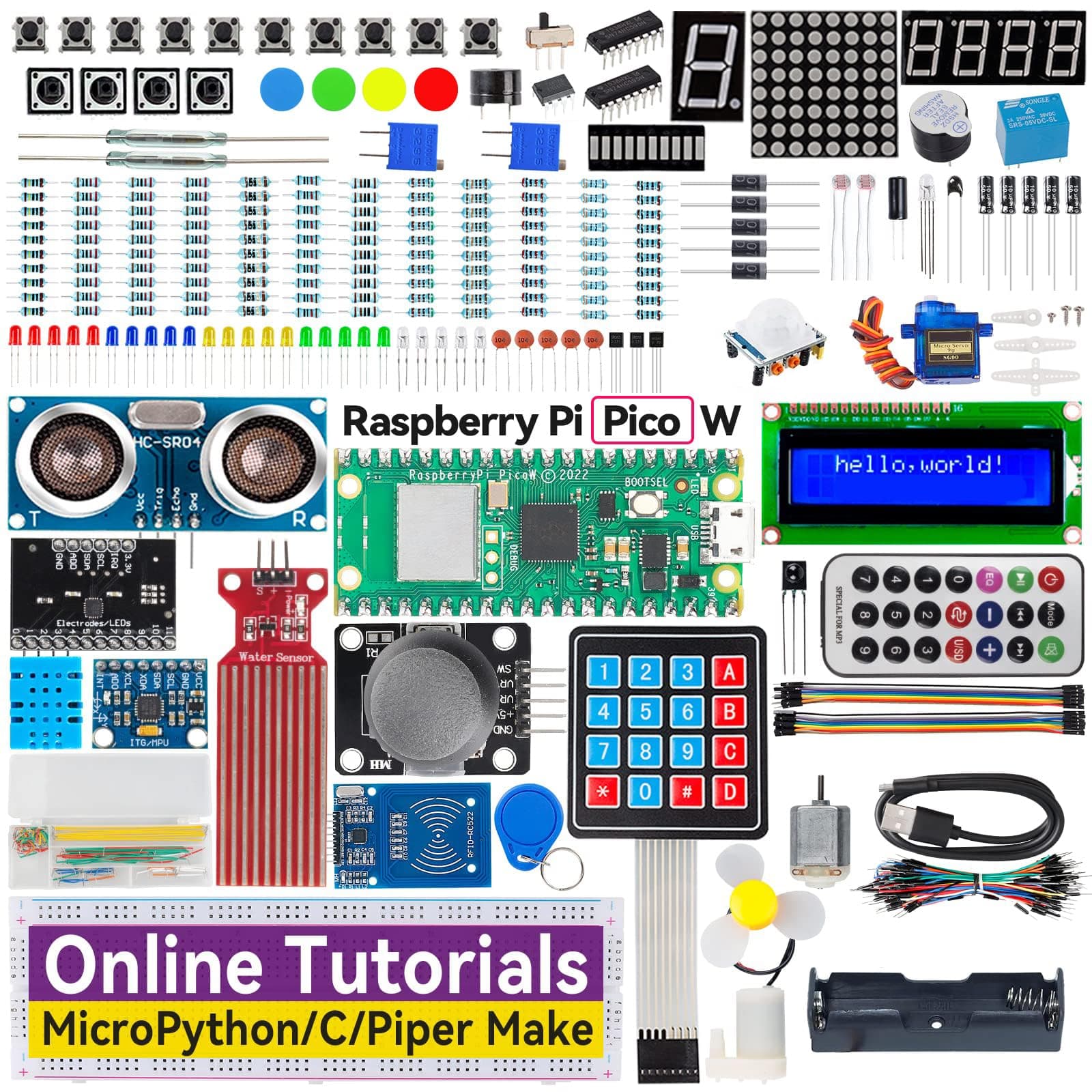 REES52 Raspberry Pi Pico W Ultimate Starter Kit with Online Tutorials, 450+ Items, 117 Projects, MicroPython, Piper Make and C/C++ (Compatible with Arduino IDE)