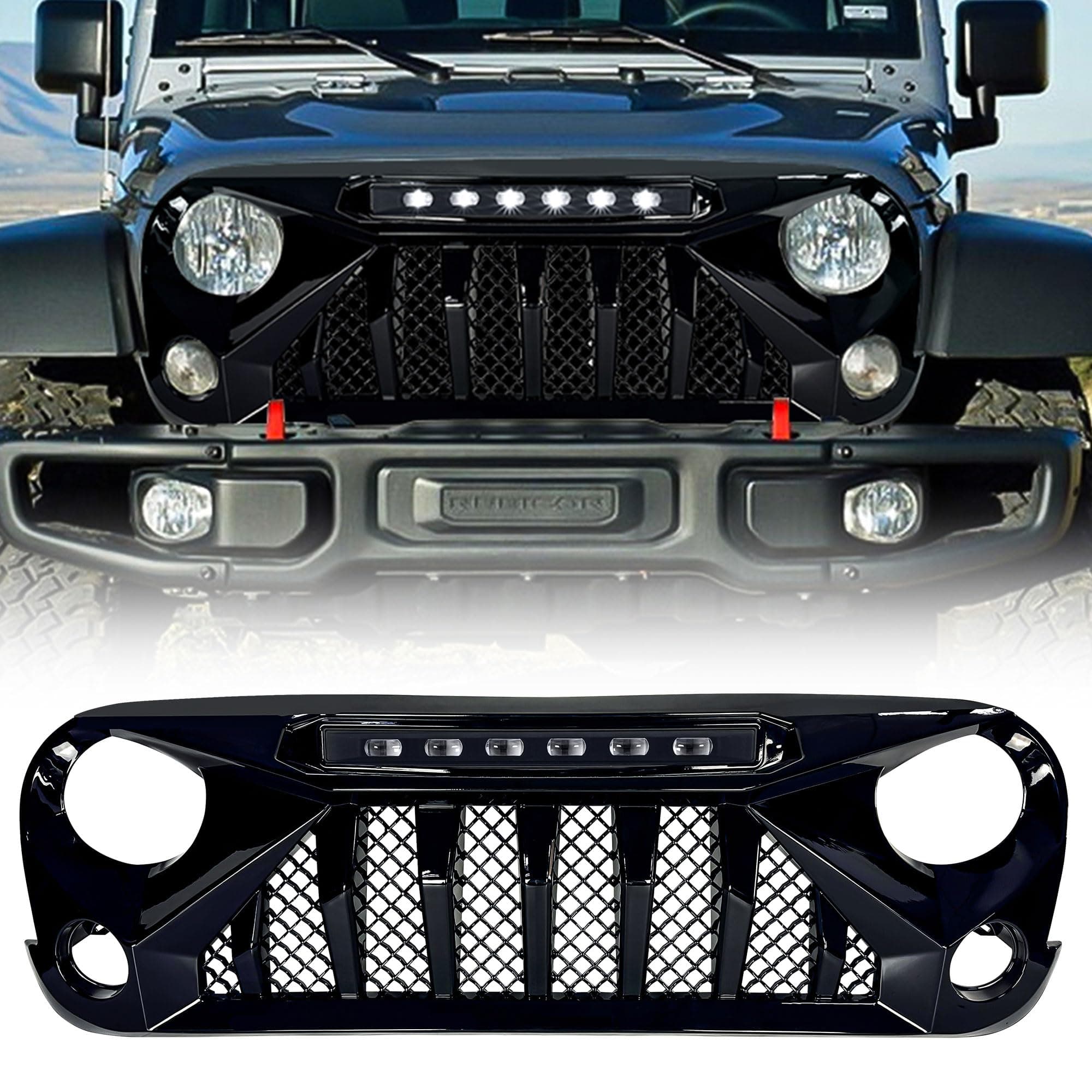 American Modified Gladiator Grille Direct Replacement Accessory with LED Off Road Lights Compatible with 2007 to 2018 Jeep Wrangler JK, Glossy Black