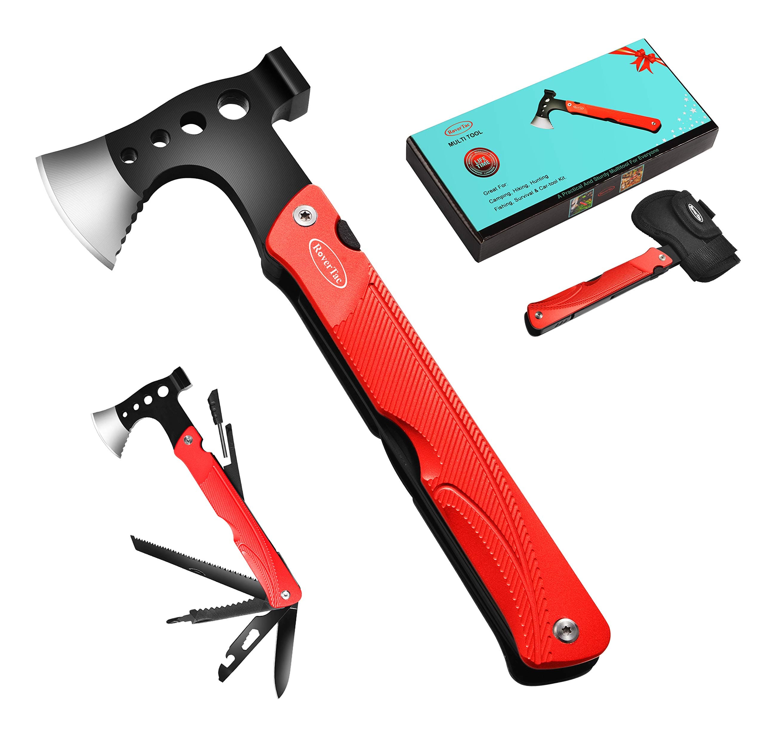 RoverTac Camping Hatchet Multitool Axe Survival Gear, 14-in-1 Multi Tool Axe Hammer Knife Saw Bottle Opener Fire Starter Whistle, Gifts for Men Dad Him, Perfect for Camping Survival Hiking Fishing