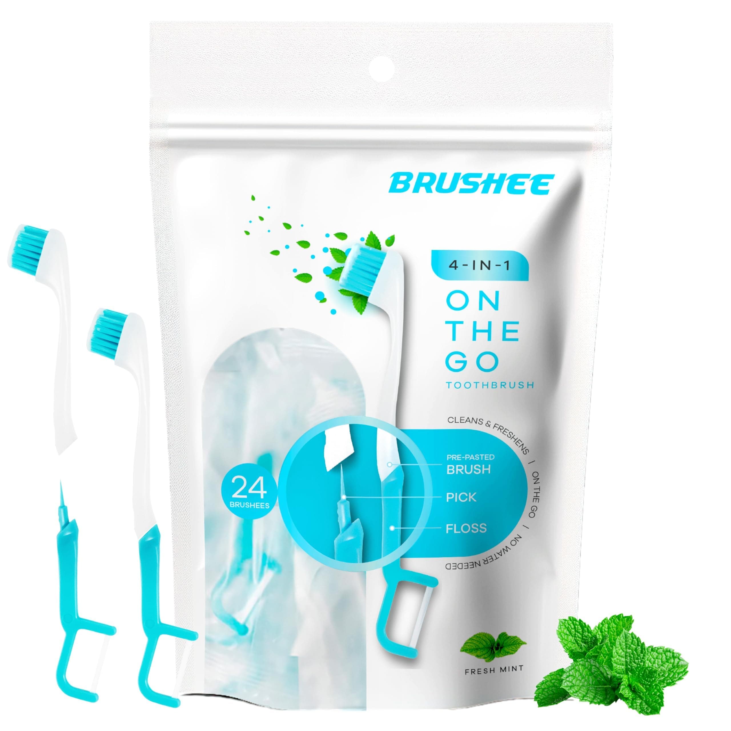 Brushee 24-Pack Pre-Pasted Mini-Brush w/Floss & Pick – Individually Wrapped & Disposable Prepasted Travel Toothbrushes – Small Adult Toothbrush For Oral Care