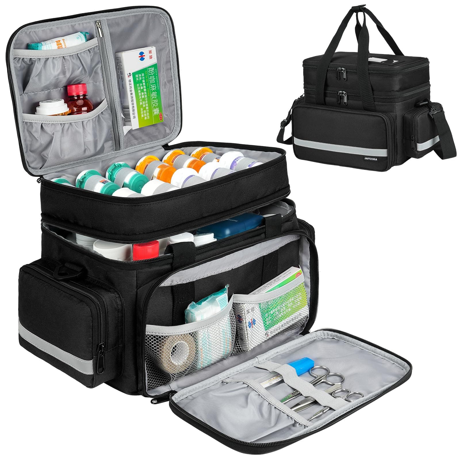 Large Pill Bottle Organizer, Double Layers Medicine Storage Bag with Lockable Zippers and Shoulder Strap,Medication Travel Bag for Prescription Bottles, Vitamins & Medical Supplies, Black (Bag Only)