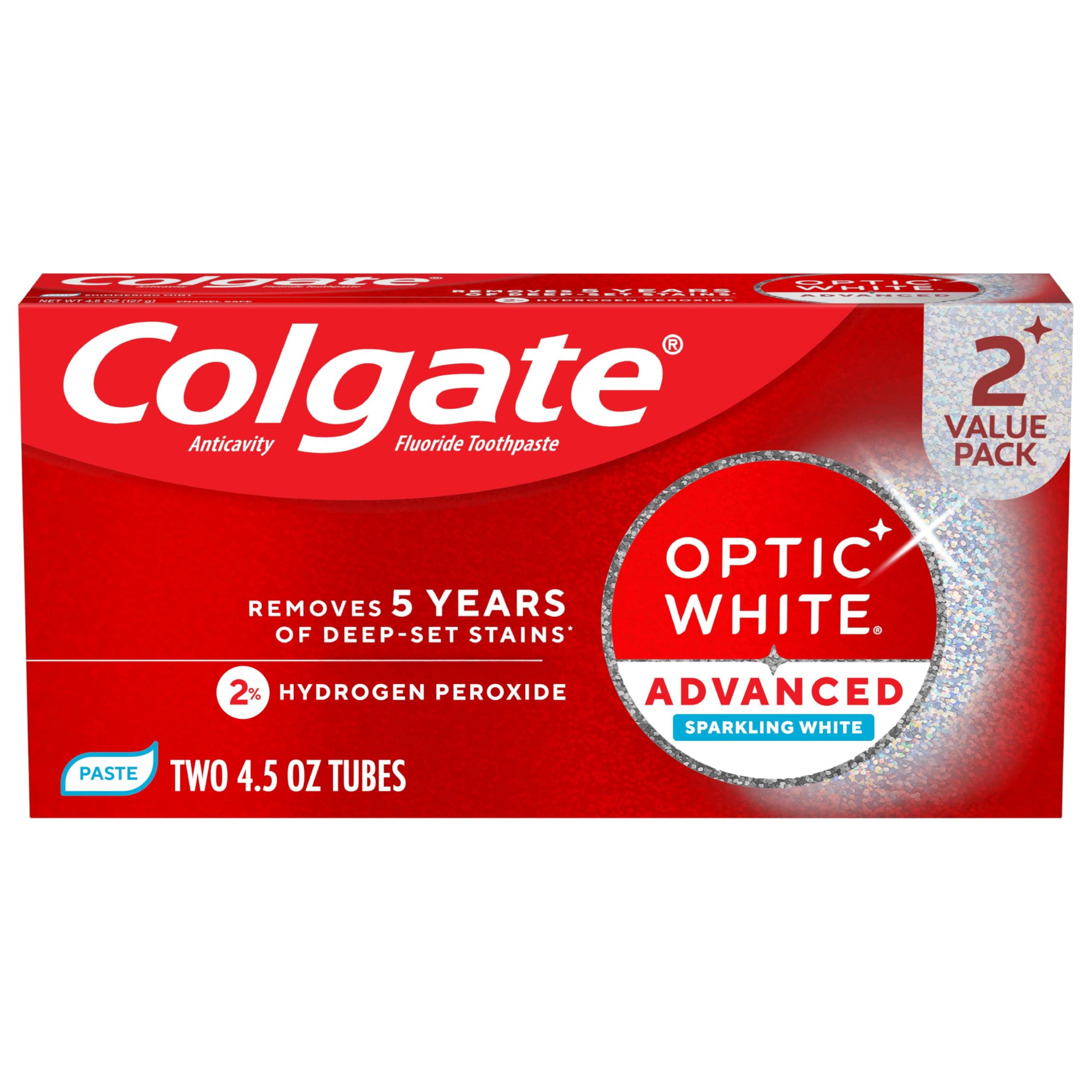 Optic White Advanced Sparkling White Toothpaste with 2% Hydrogen Peroxide and Fluoride, Teeth Whitening Toothpaste, Deep-Set Stain Remover, Mint Flavor, 2 Pack, 4.5 OZ