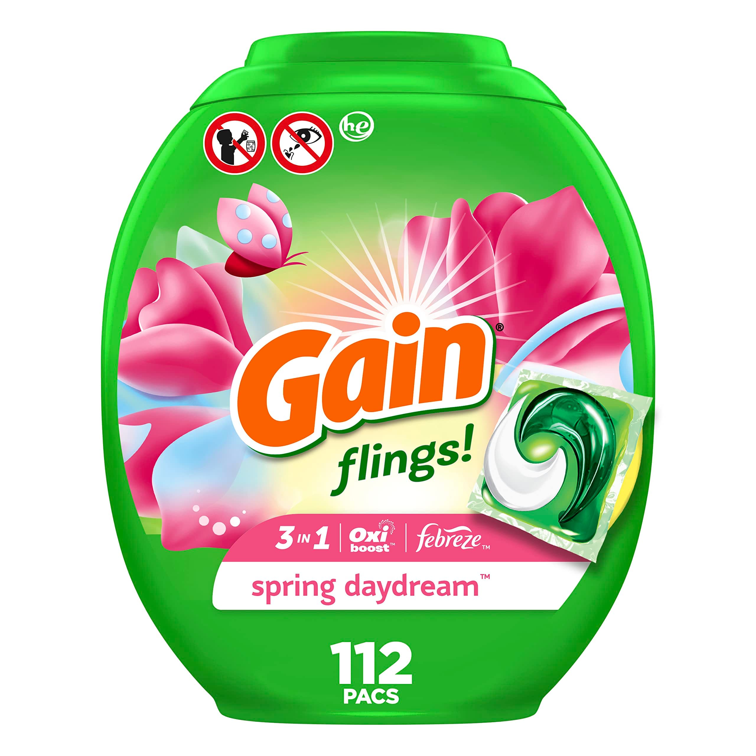 flings Laundry Detergent Soap Pacs HE Compatible 112 ct Long Lasting Scent Spring Daydream