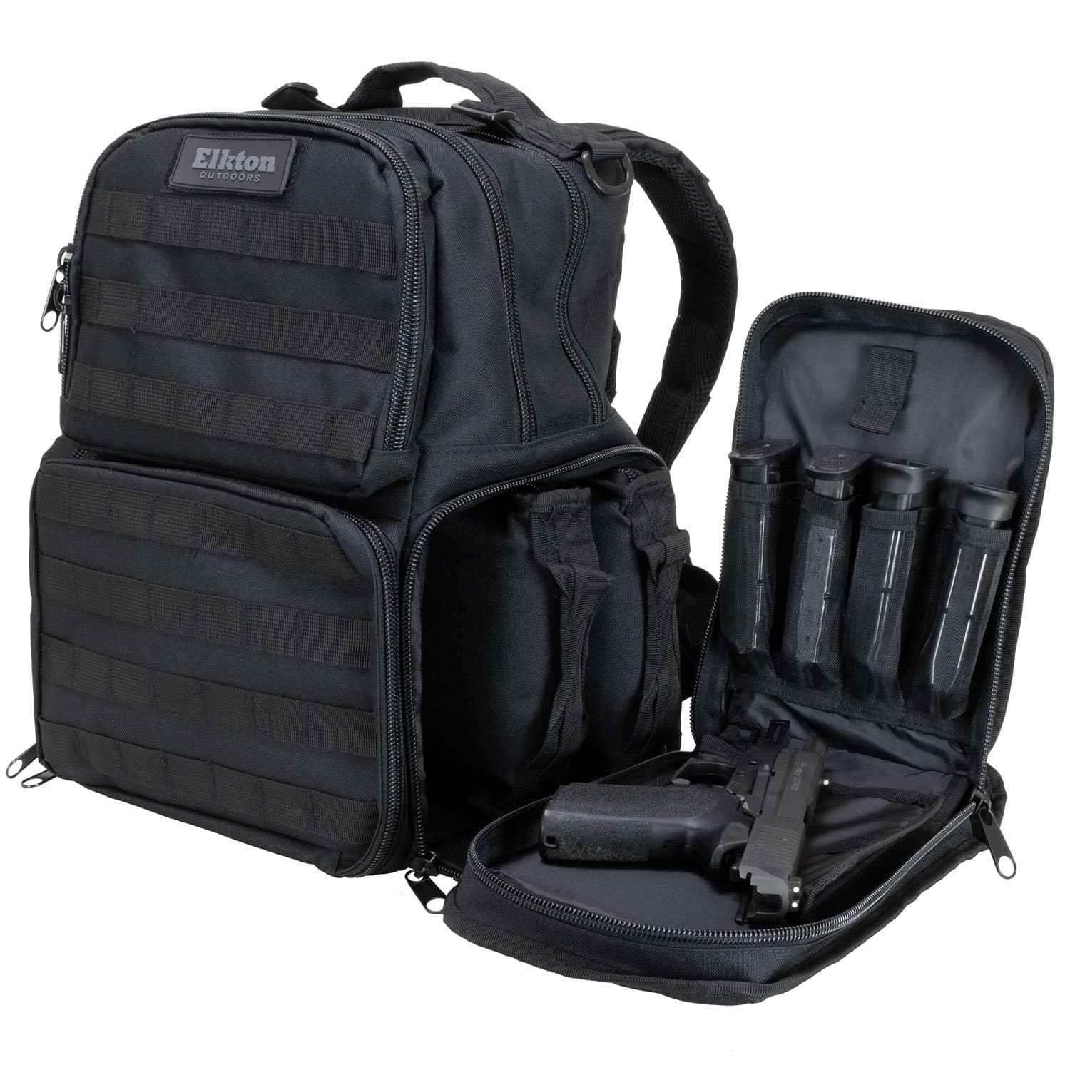 Elkton Outdoors Pistol Range Backpack - Includes 3 Removable Pistol Pouches, 5 Storage Compartment and Molle Webbing (All Weather)