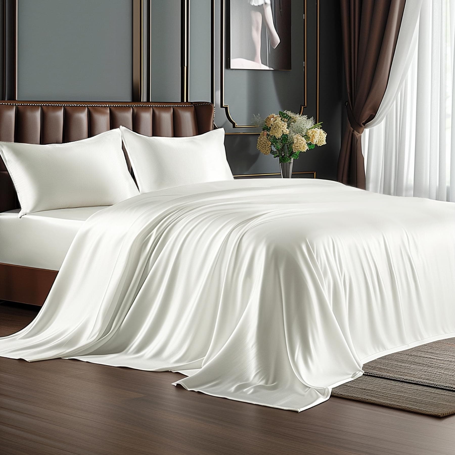 BEDELITE Satin Sheets Twin Size Bed Set, Luxury Soft Ivory White Silky Sheets for Hair and Skin, Similar to Silk Bed Sheets Set 3 Pieces with 1 Deep Pocket Fitted Sheet, 1 Flat Sheet, and 1 Pillowcase