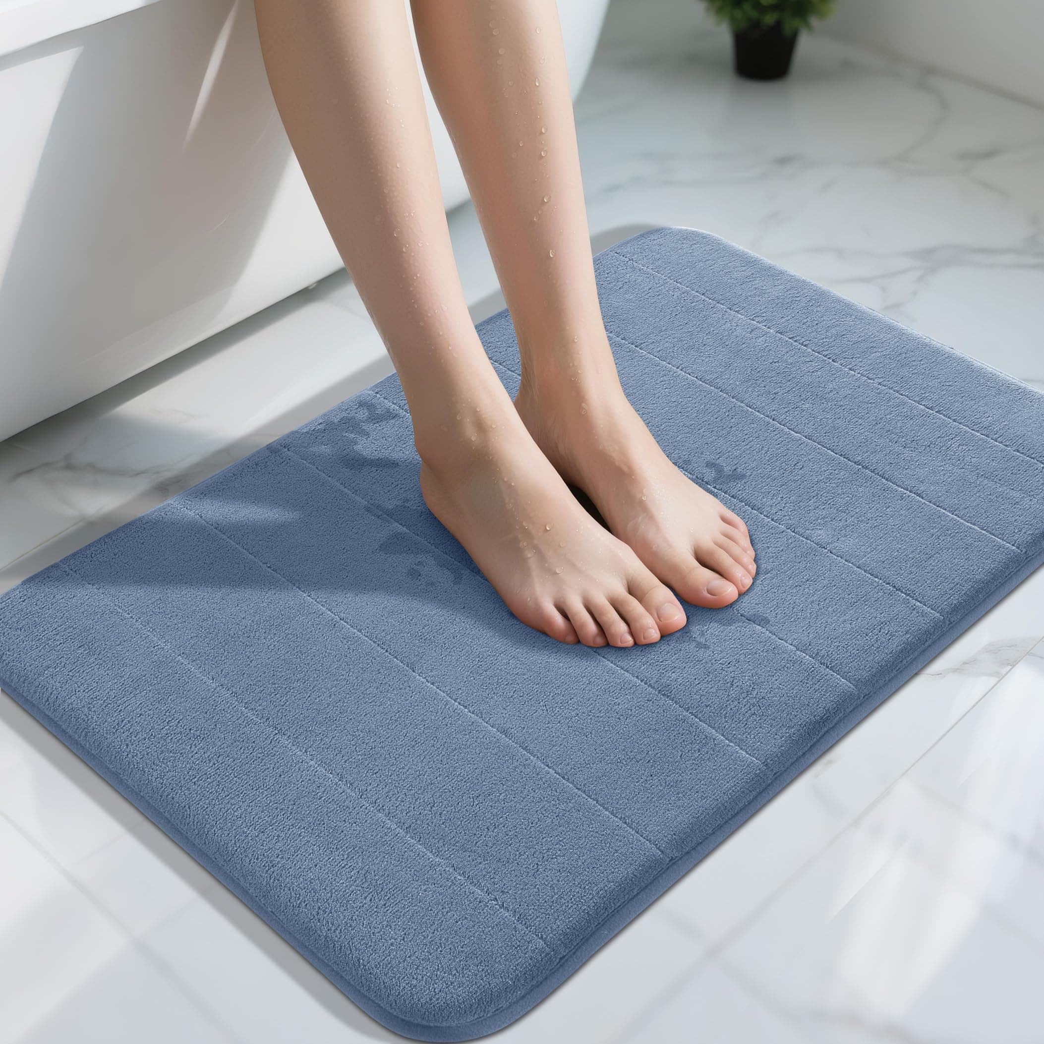 Yimobra Memory Foam Bath Mat Large Size, Soft and Comfortable, Super Water Absorption, Non-Slip, Thick, Machine Wash, Easier to Dry for Bathroom Floor Rug, Denim Blue, 51 x 81 cm