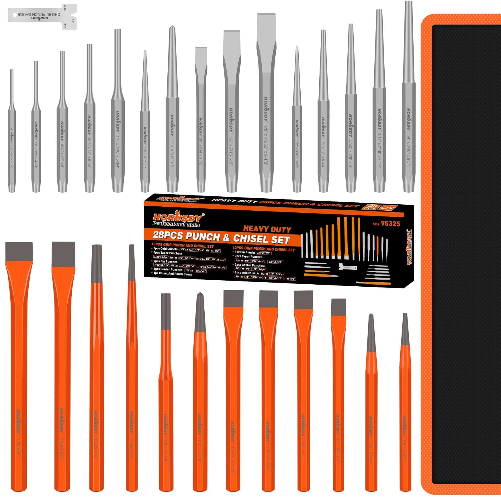 HORUSDY 28-Piece Heavy Duty Punch and Chisel Set, Including Taper, Cold Chisels, Pin, Center Punch