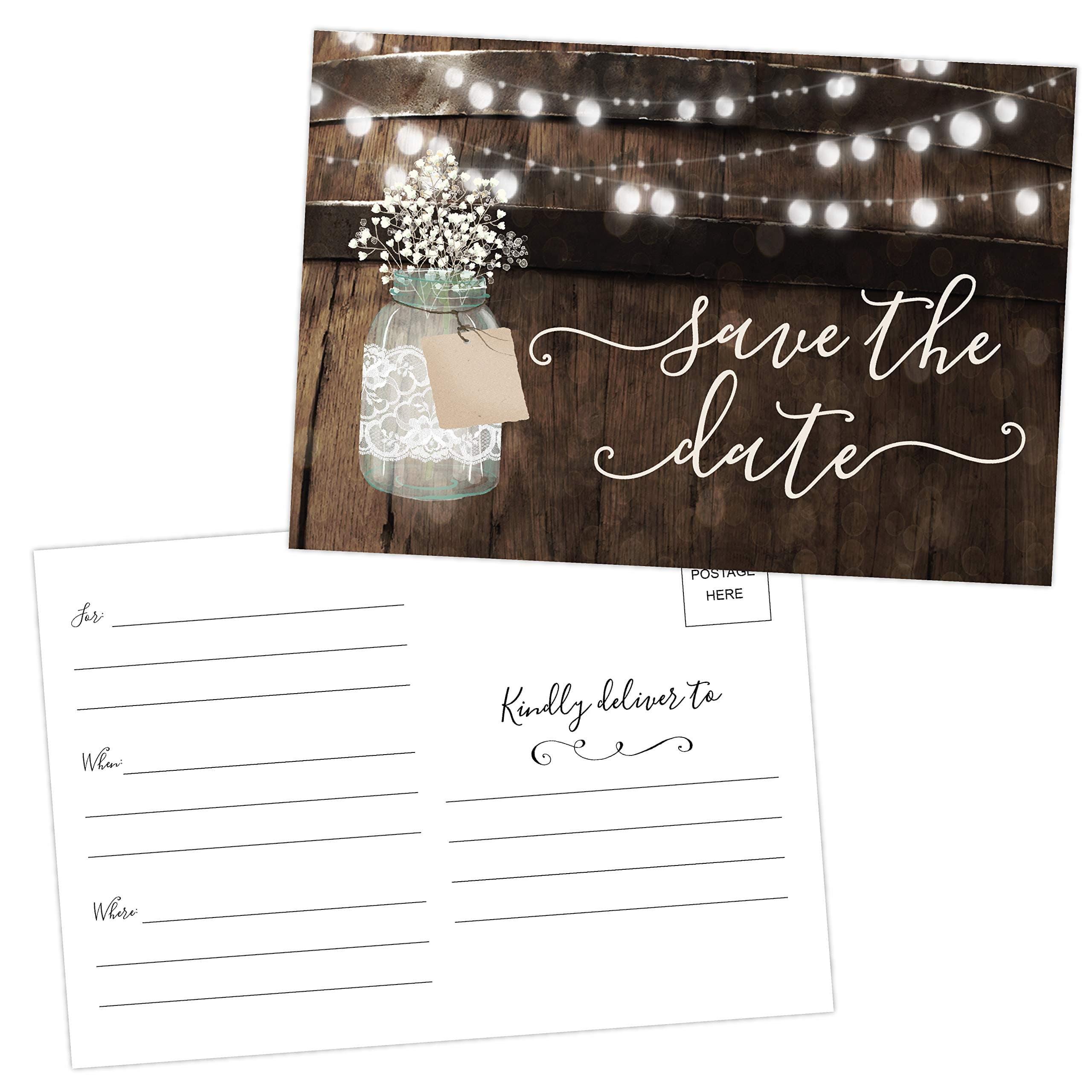 Your Main Event Prints 50 Rustic Mason Jar Save The Date Cards for Wedding, Engagement, Anniversary, Baby Shower, Birthday Party, Wood Save The Dates Postcard Invitations