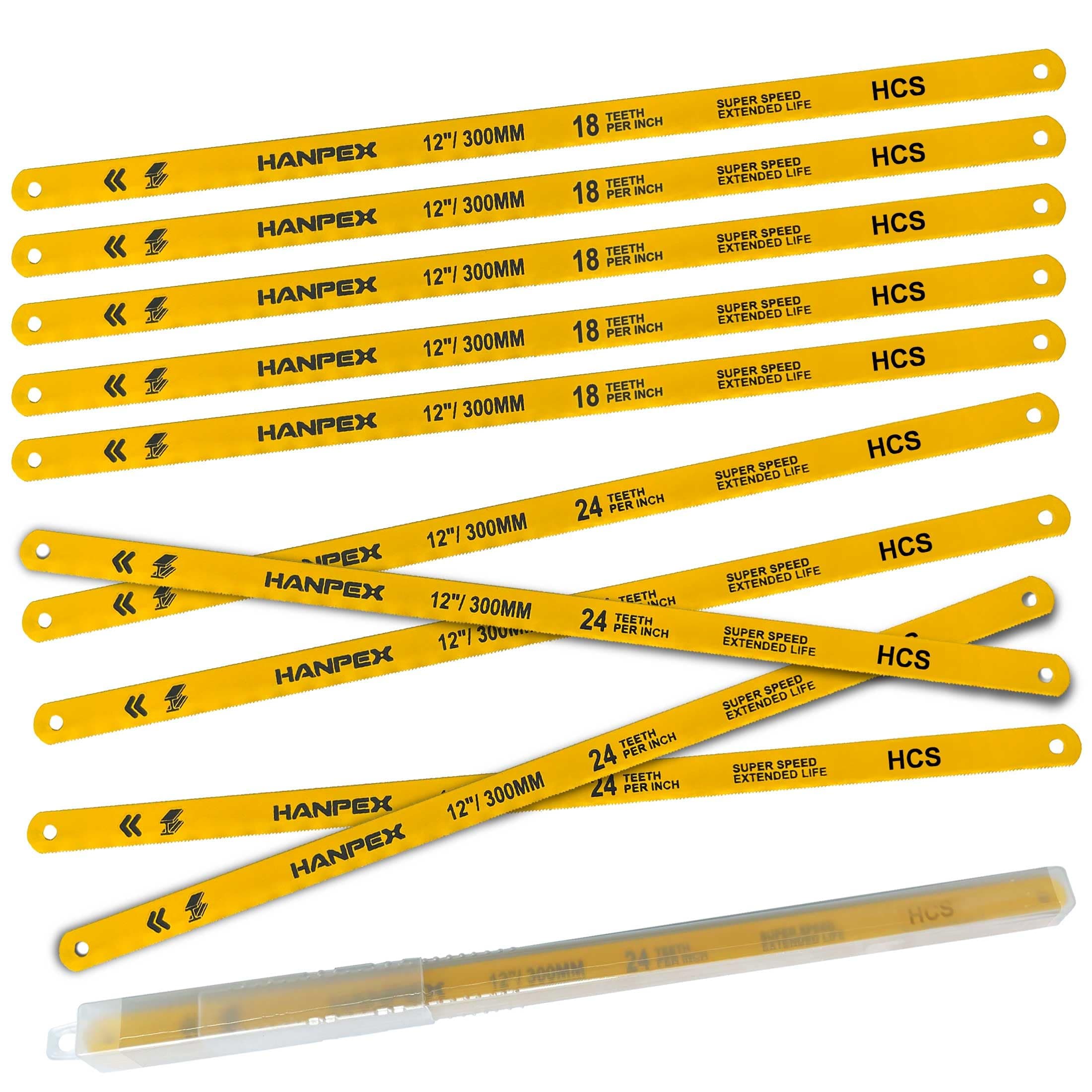 Hanpex Hacksaw Replacement Blades Set (10 Pack) High Speed 12" Length Hack Saw Blade - High Carbon Steel (HCS) Cutting Blades