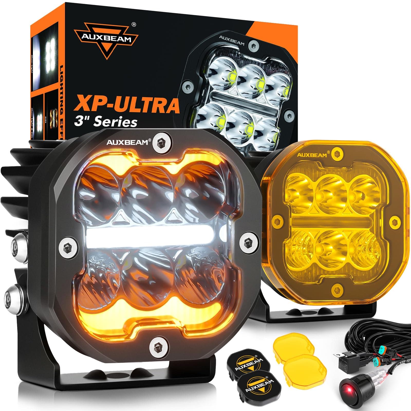 Auxbeam XP-Ultra Series Amber White DRL Function & Turn Signals, 3 Inch 84W LED Cubes Offroad Pod Light Bar, 9600LM Spot Flood Combo Beam Ditch Lights, Dual Color Covers Included, Pair