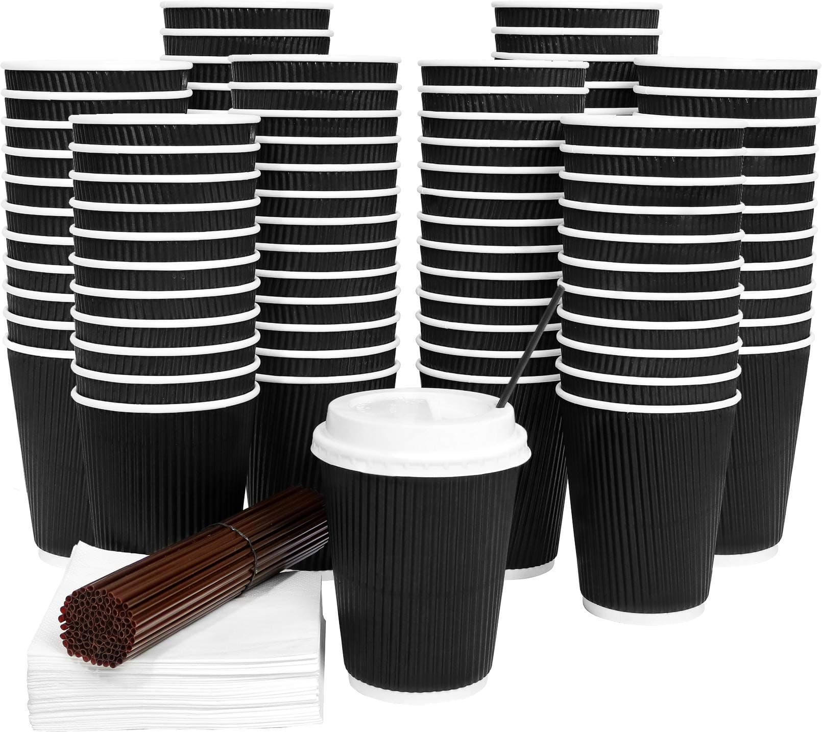 Galashield[100 Sets] Disposable Coffee Cups with Lids 12 Oz Hot Paper Coffee Cups with Lids Insulated Ripple Tea Cup Travel To Go with Stirring Straws and Napkins [Black]