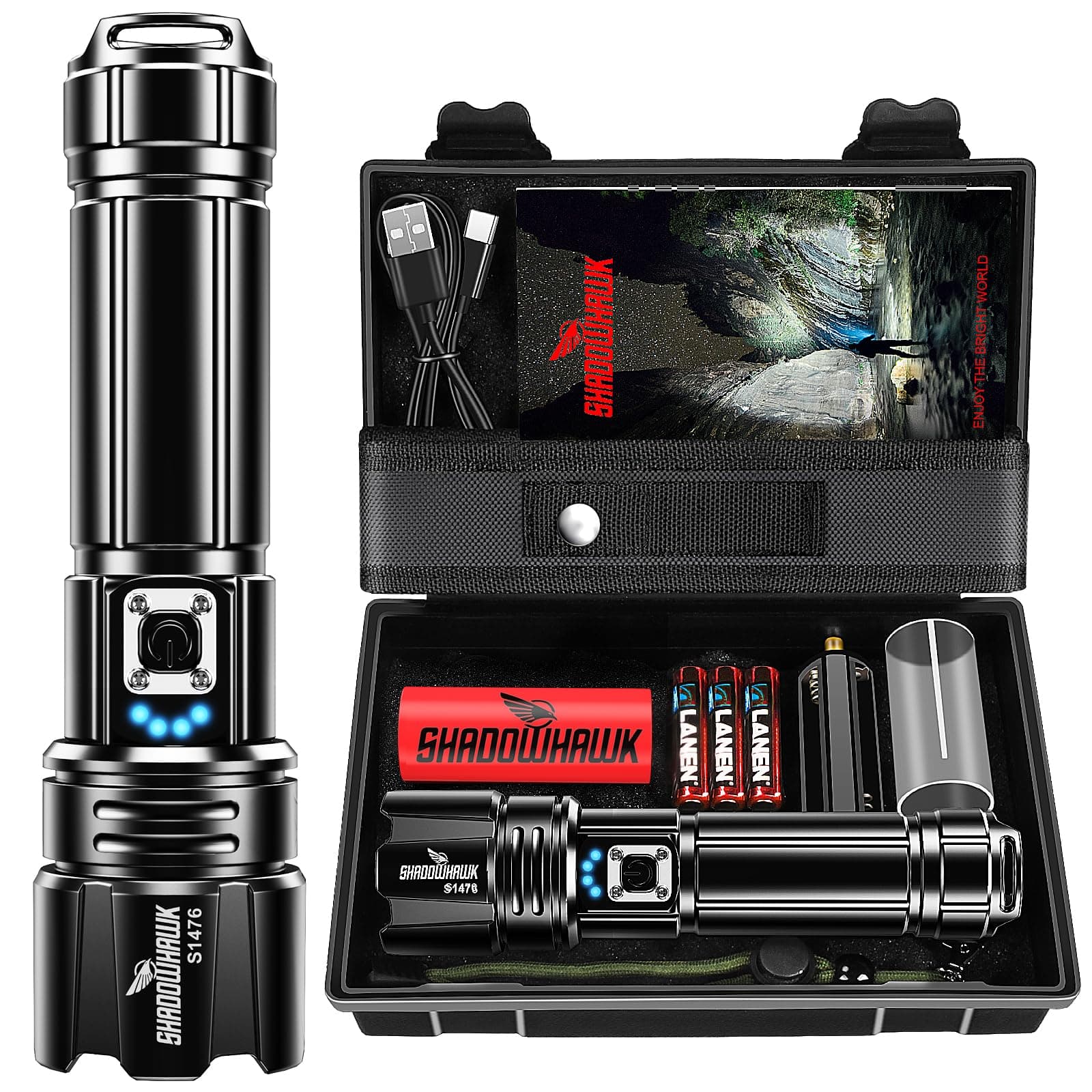 Shadowhawk Flashlight Led USB Rechargeable, 20000 lumens Torch Light XHP70.2, Super Bright Tactical Flashlights, IP67 Waterproof Zoomable, for Outdoor Camping Hiking Emergency(with Battery)