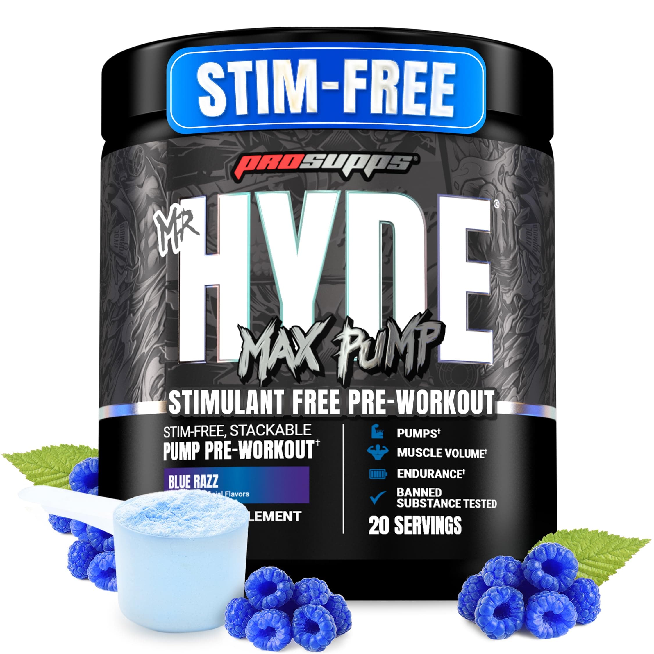 Mr. Hyde Max Pump Pre Workout Powder (Blue Razz, 20 Servings)