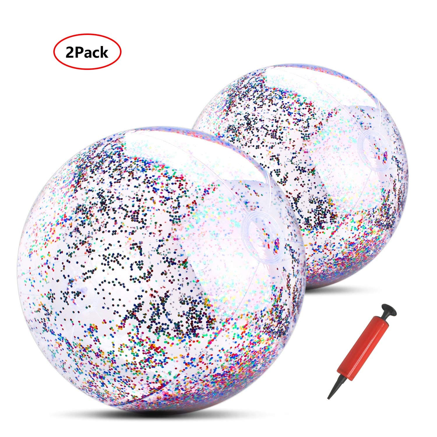 Emoly Glitter Beach Ball with Confetti Glitters, 2 Pack Inflatable Beach Ball Confetti (16 Inch&24 Inches) Beach Balls Bulk, Outdoor Beach Pool Toys for Adults Kids(Colorful)