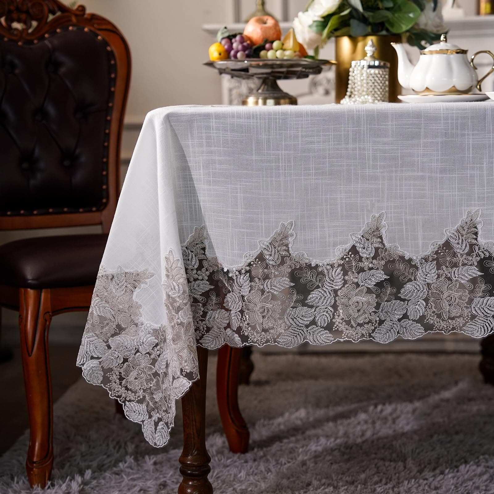 ARTABEL Cut Work Table Cloths with Lace Laser Die-Cut Exquisite Vintage Shabby Chic for Holiday Wedding Long Dinner Tables (Offwhite-1, 52 x 70 Inch)