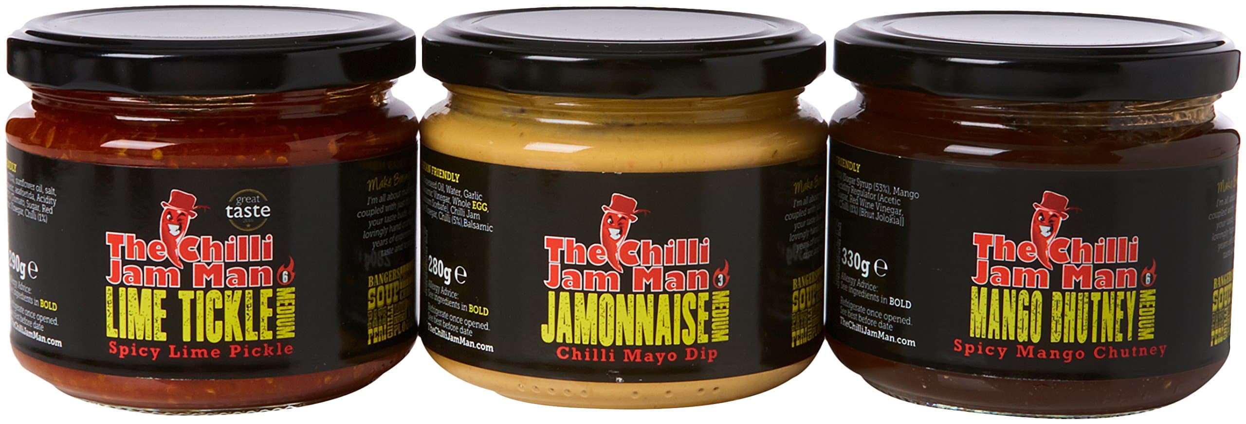 The Chilli Jam Man Mixed Dips with 280 g of Jamonnaise, 290 g of Lime Tickle, 330 g of Mango Bhutney