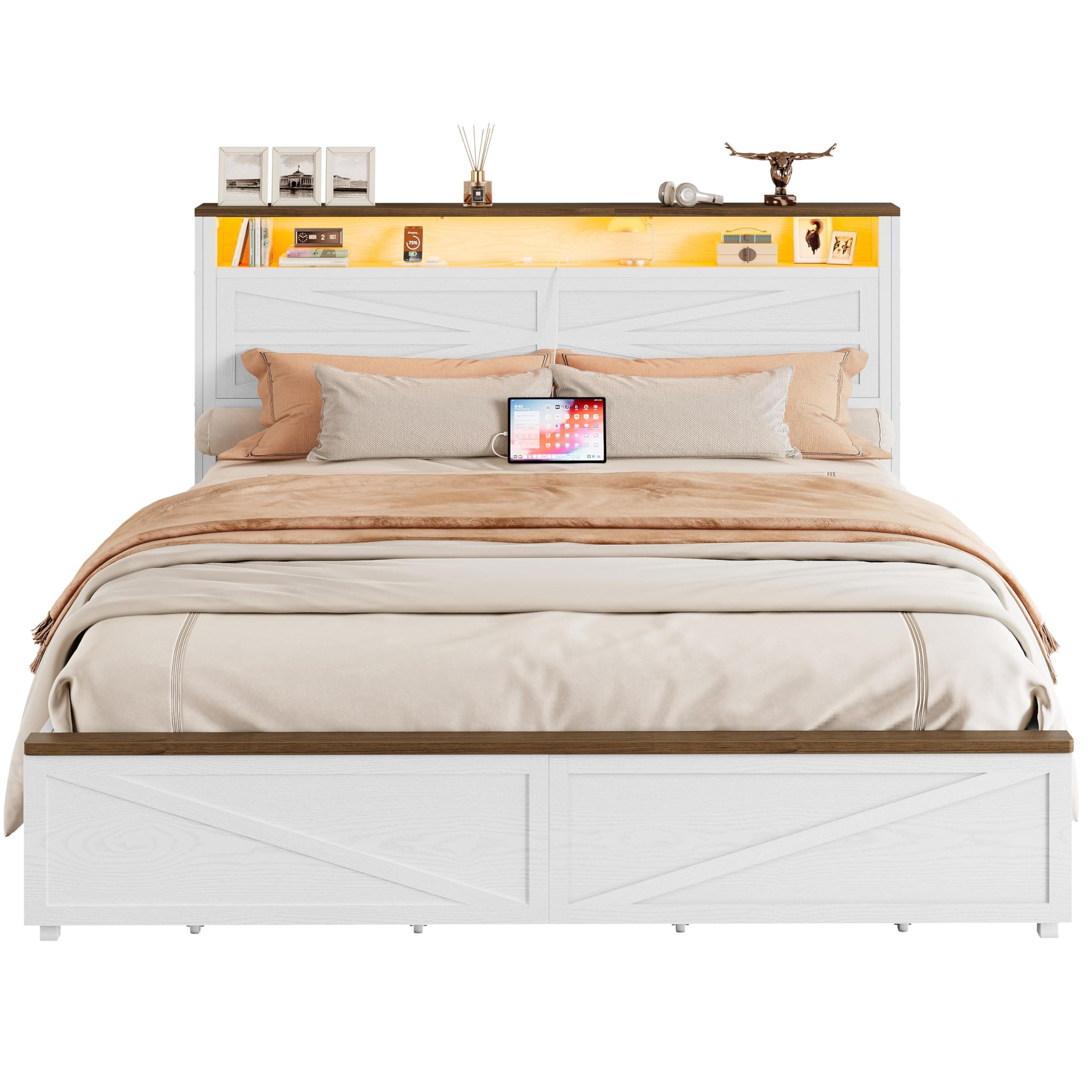 IRONCK Farmhouse Queen Size Bed Frame with LED Light and Charging Station, Wood Bed Frame with Storage Headboard and 2 Drawers, Barn Door Design, Sturdy and Noiseless, White