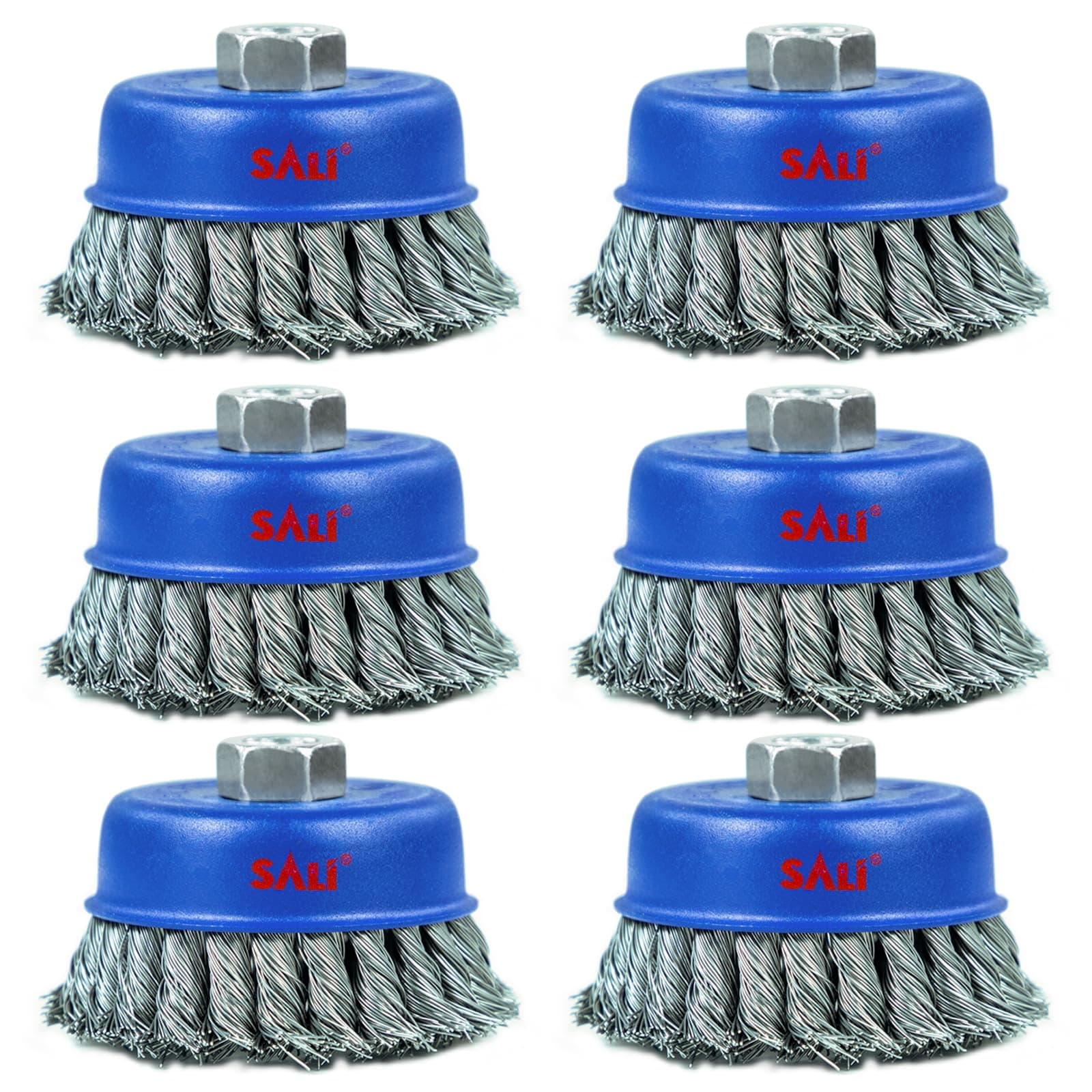 SALI 6 Pack Wire Cup Brush, 4 Inch Twisted Knotted Cup Brush for Grinders, with 5/8 Inch Arbor for Heavy Cleaning Rust, Stripping and Abrasive, for Angle Grinder