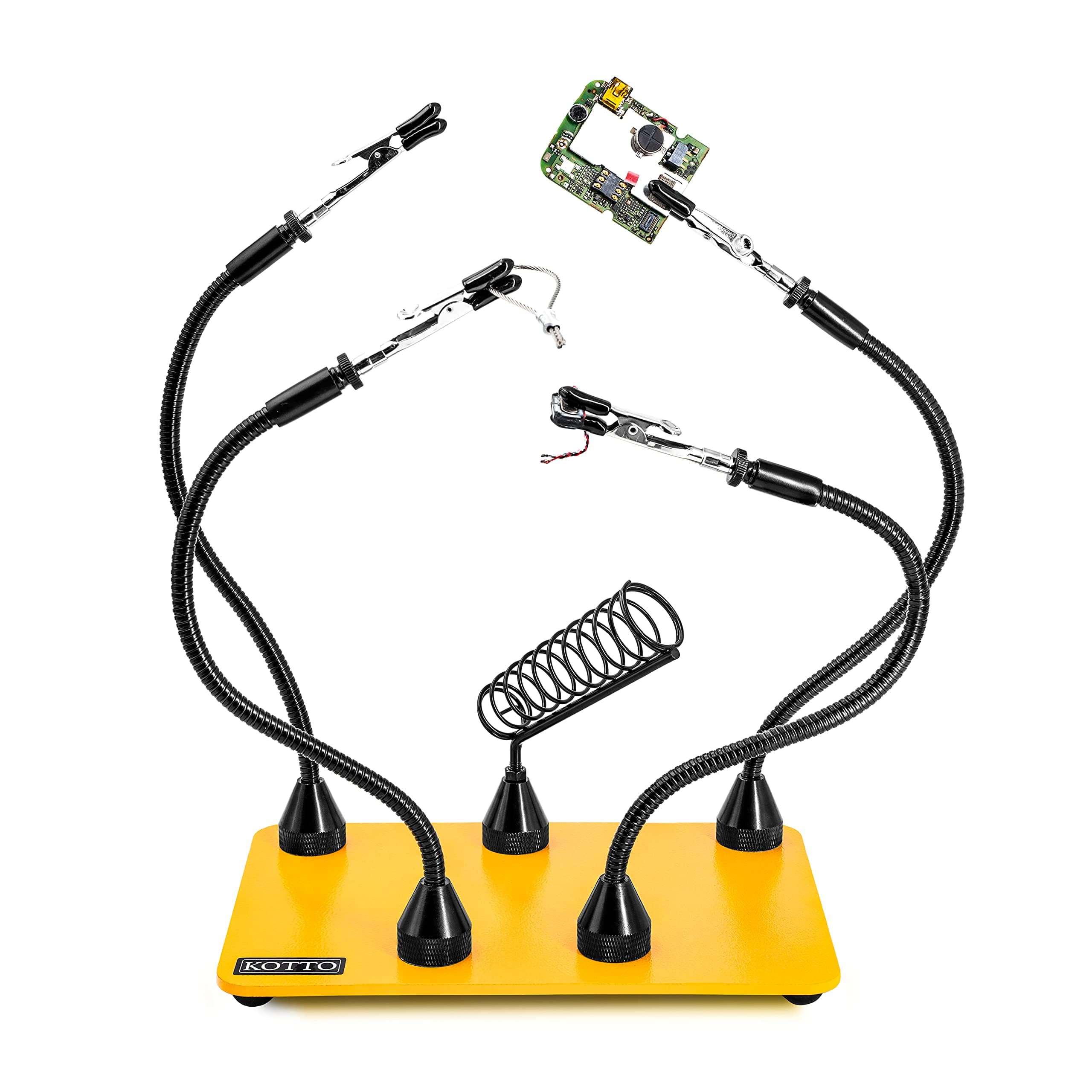 Fstop Labs KOTTO Third Hand Soldering Tool PCB Holder Four Magnetic Based With Iron Holder, Flexible Metal Arms Helping Hands Crafts Jewelry Hobby Workshop Helping Station Non-Slip Steel Weighted Base