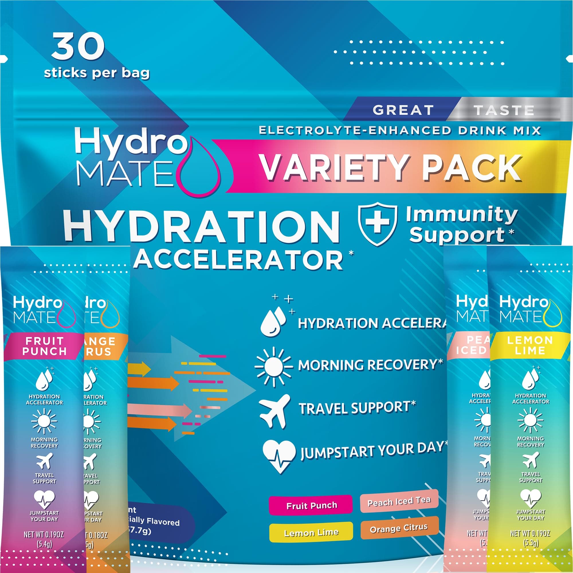 HydroMATE Electrolyte Powder Variety Pack Hydration Packets Low Sugar 30 Count