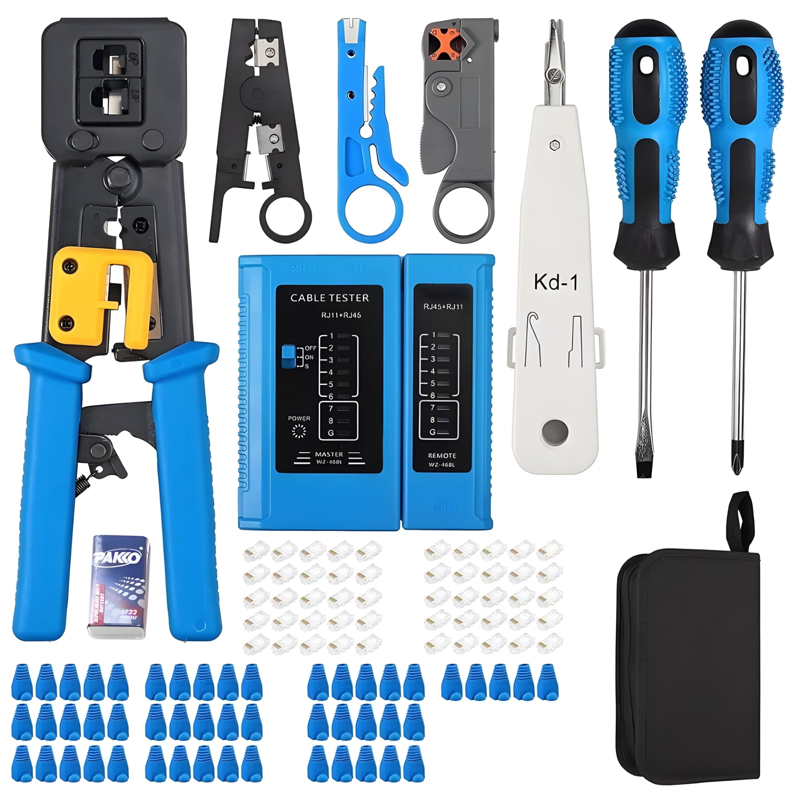 COOLCOLD Crimping Tool RJ45, Wire Cutter, Tool Kit, Cat5 Cat5e Cat6, 50PCS RJ45 Cat6 Passthrough Connectors, 50PCS Covers, Network Cable Tester, Wire Punch Down Cutter, Battery, Pass Through Tool kit