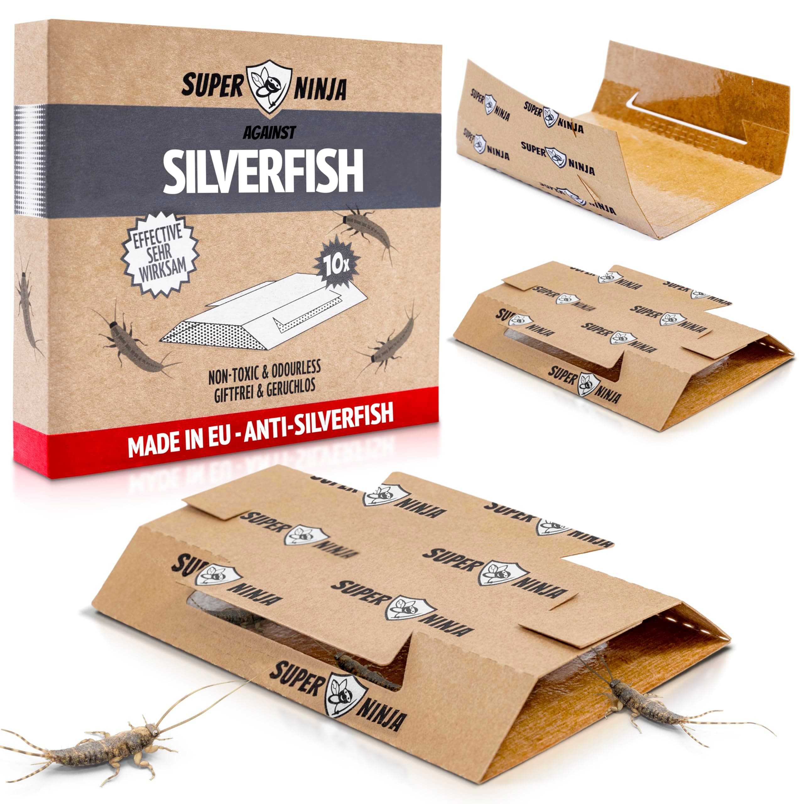 Silverfish Trap – 10 Pack, Silverfish Killer with Integrated Attractant, Odourless, Non-Toxic Sticky Traps for Basements, Bathrooms, Kitchens, Works for Up to 3 Months