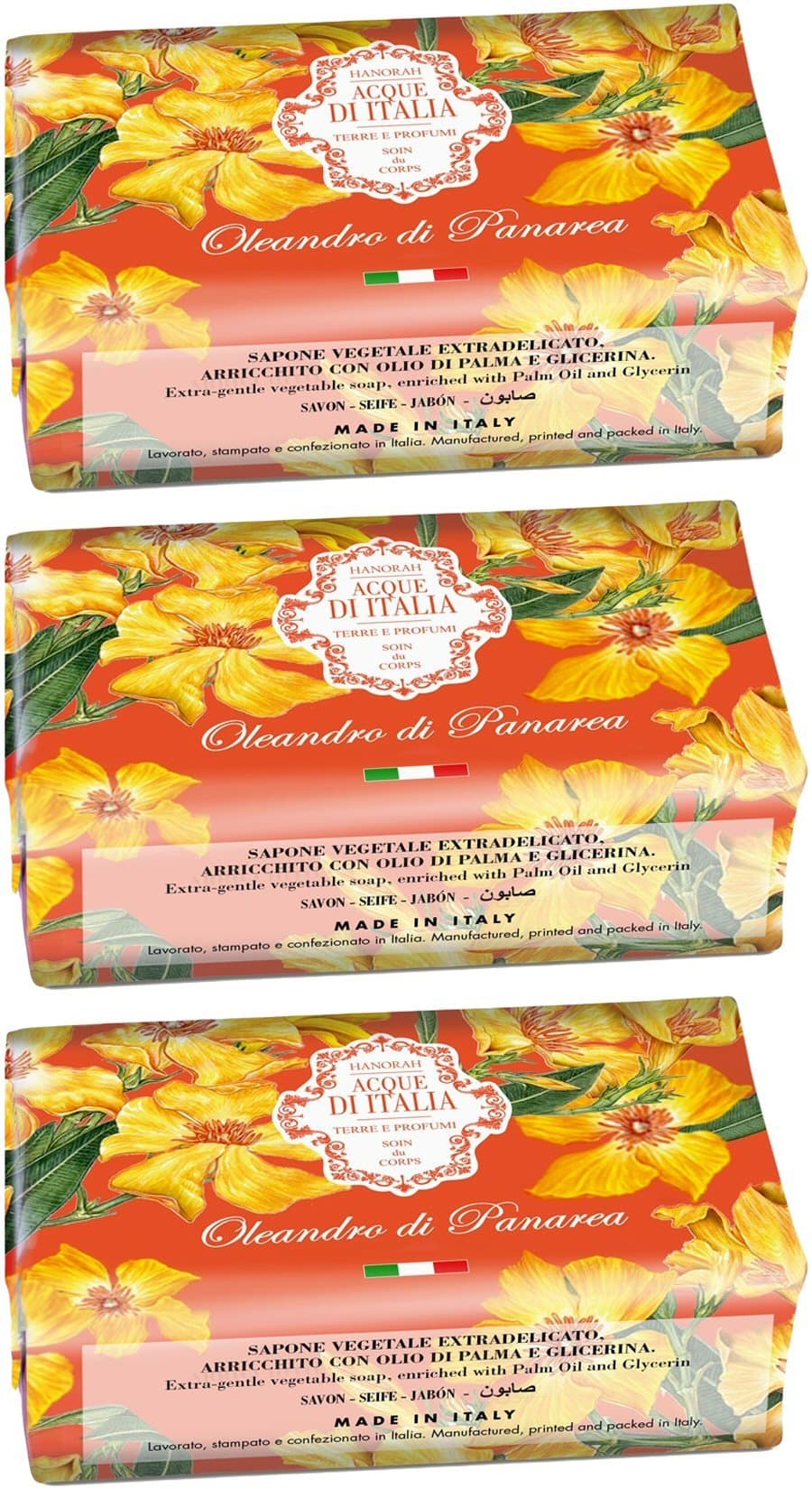 Hanorah:"Oleandro di Panarea" Extra Gentle Vegetable Soaps,"Acque di Italia" Line 7 Ounce (200gr) Packages (Pack of 3) [ Italian Import ]