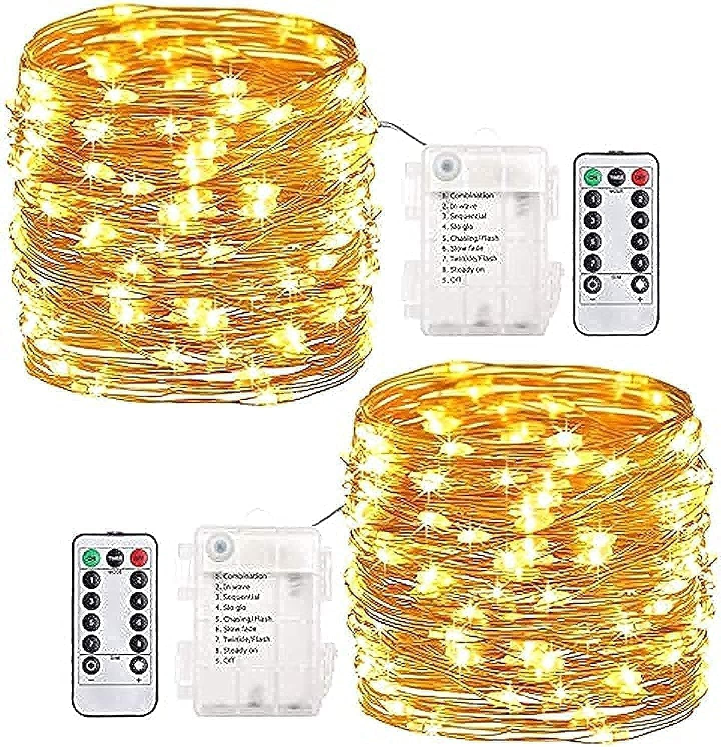 Pack of 2Pcs Each 33ft 100 LEDs Outdoor String Lights Battery Operated Fairy Lights 8 Mode Waterproof Copper Wire Lights for Bedroom, Garden, Easter, Xmax Decoration (Warm White)