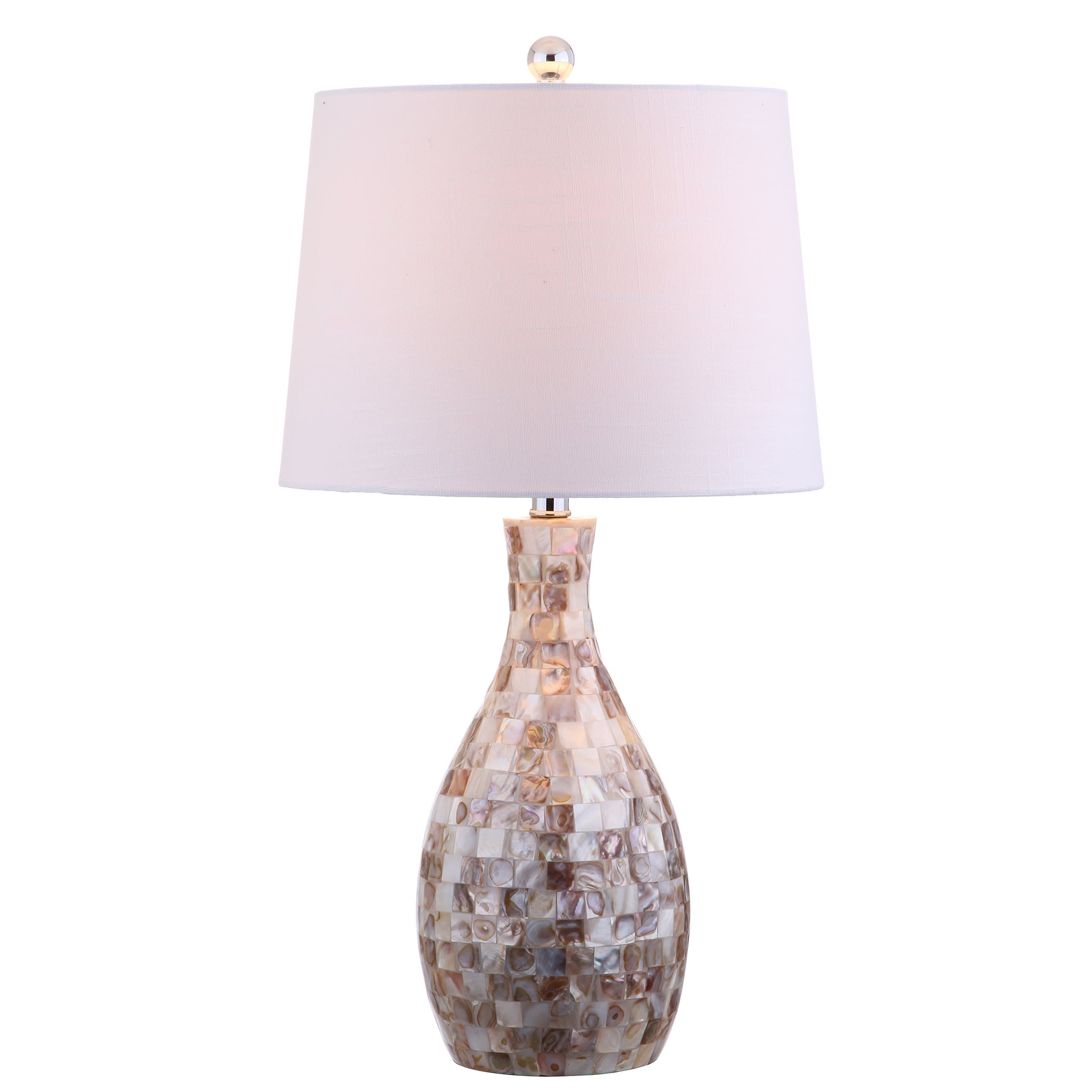 JONATHAN Y 26.5" Ivory Beige Mosaic Seashell LED Table Lamp for Living Room Bedroom Nightstand, Coastal Capiz Shell Base with White Linen Drum Shade, LED Bulb Included JYL1054A