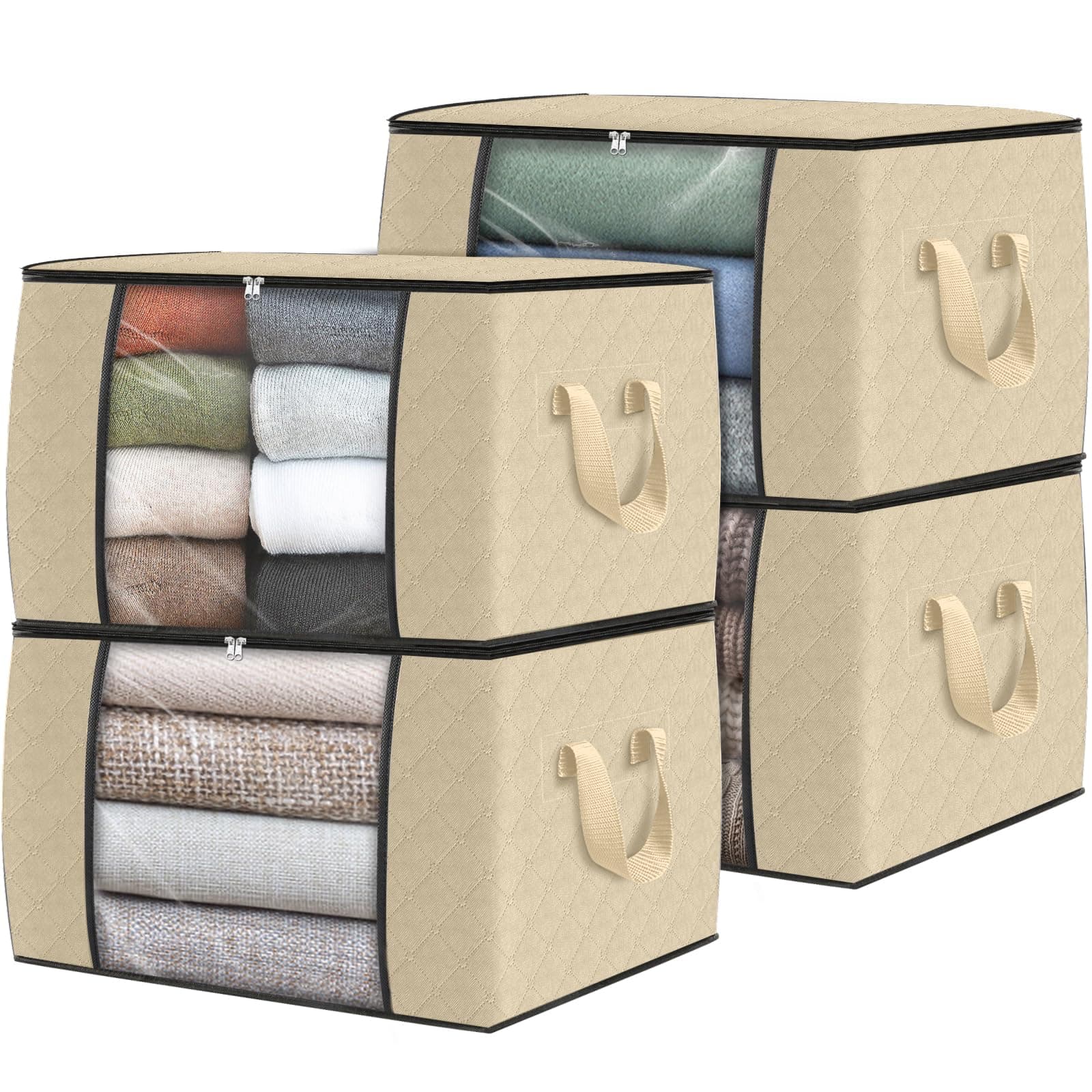Fab totes 4 Pack Clothes Storage, Foldable Thick Fabric Blanket Storage Bags, Containers for Organizing Bedroom, Closet, Clothing, Comforter, Organization with Handle,Beige