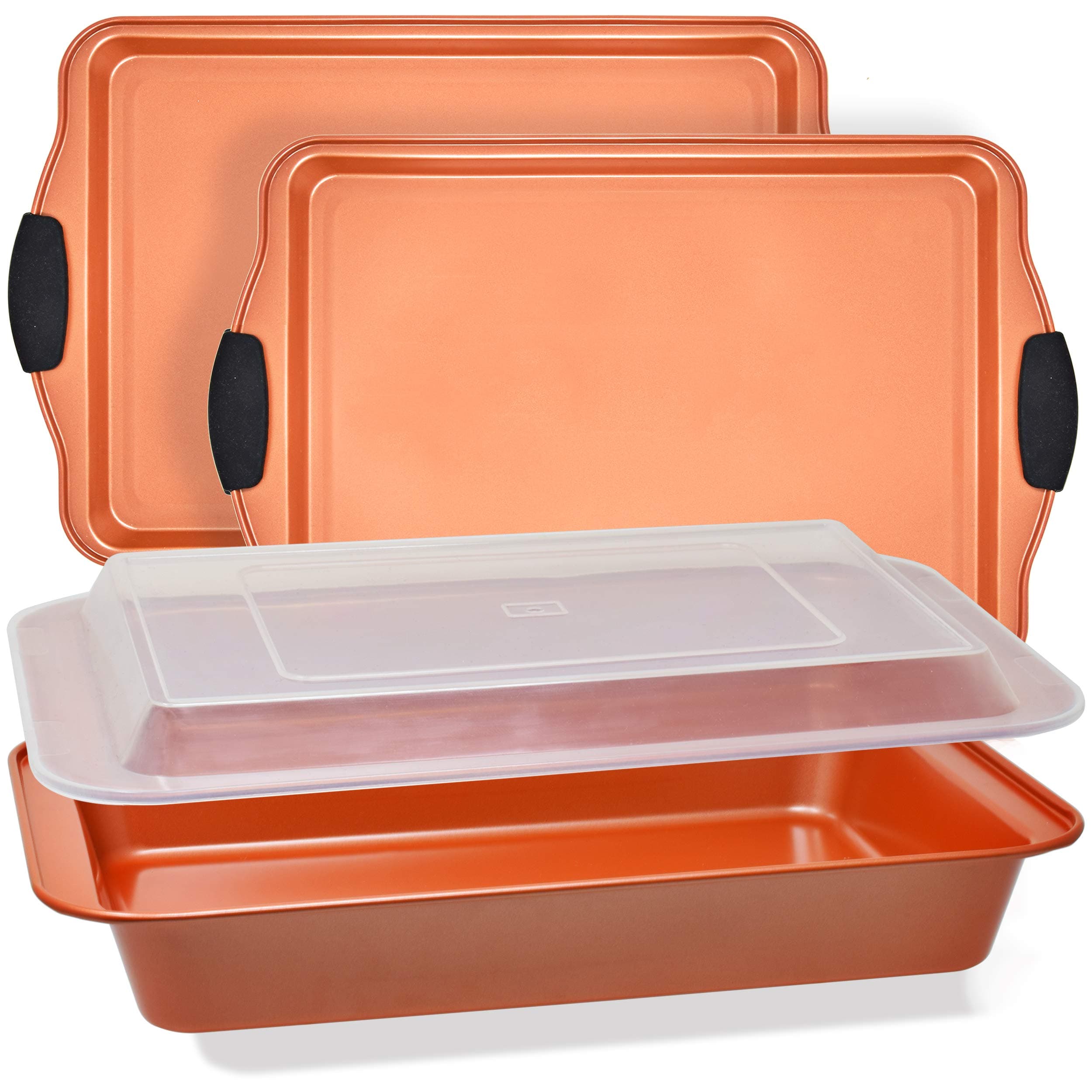 Perlli Baking Sheet 4 Piece Set Nonstick Copper Carbon Steel Oven Bakeware Kitchen Set with Silicone Grips, Includes 2x 9x13" Cookie Sheets, 9x13" Baking Pan with Plastic Lid
