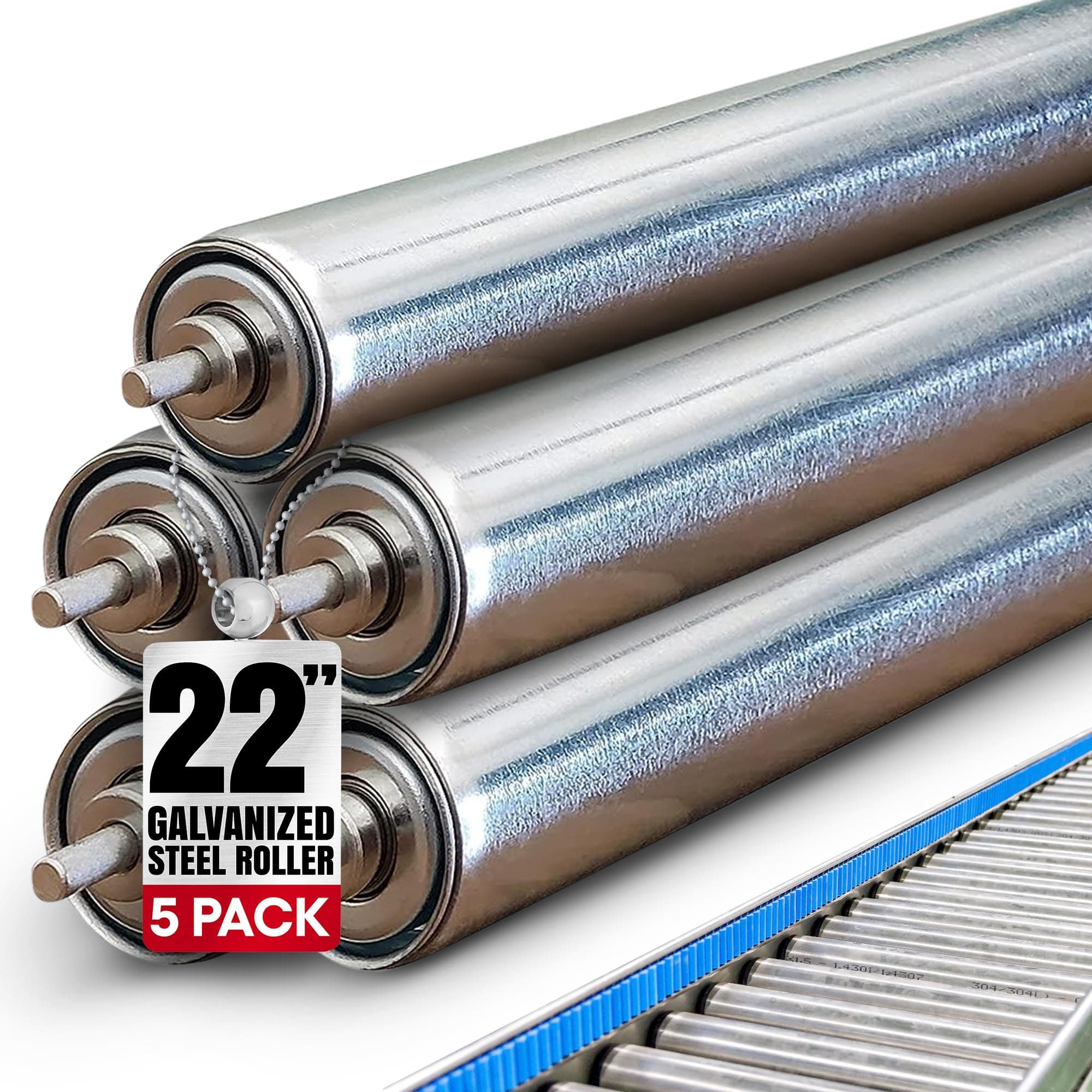 Pack of 5 Conveyor Rollers, 1.5" Diameter Galvanized Steel, 22" Between Frame