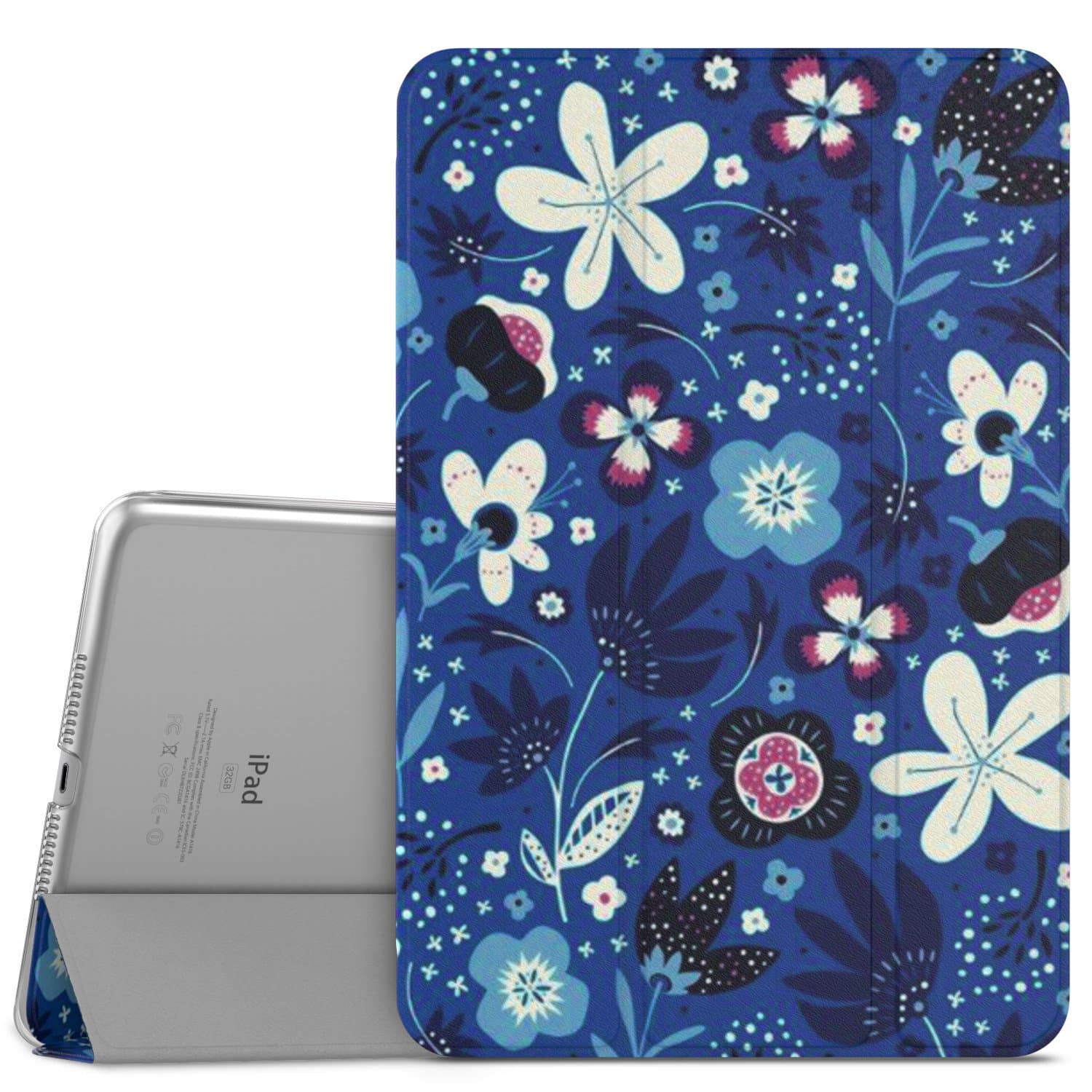 MoKo Case for iPad Mini 4, Ultra Slim Lightweight Smart-shell Stand Cover with Translucent Frosted Back Protector for iPad Mini 4 7.9 inch 2015 Release Tablet, Blue Flowers (with Auto Wake/Sleep)