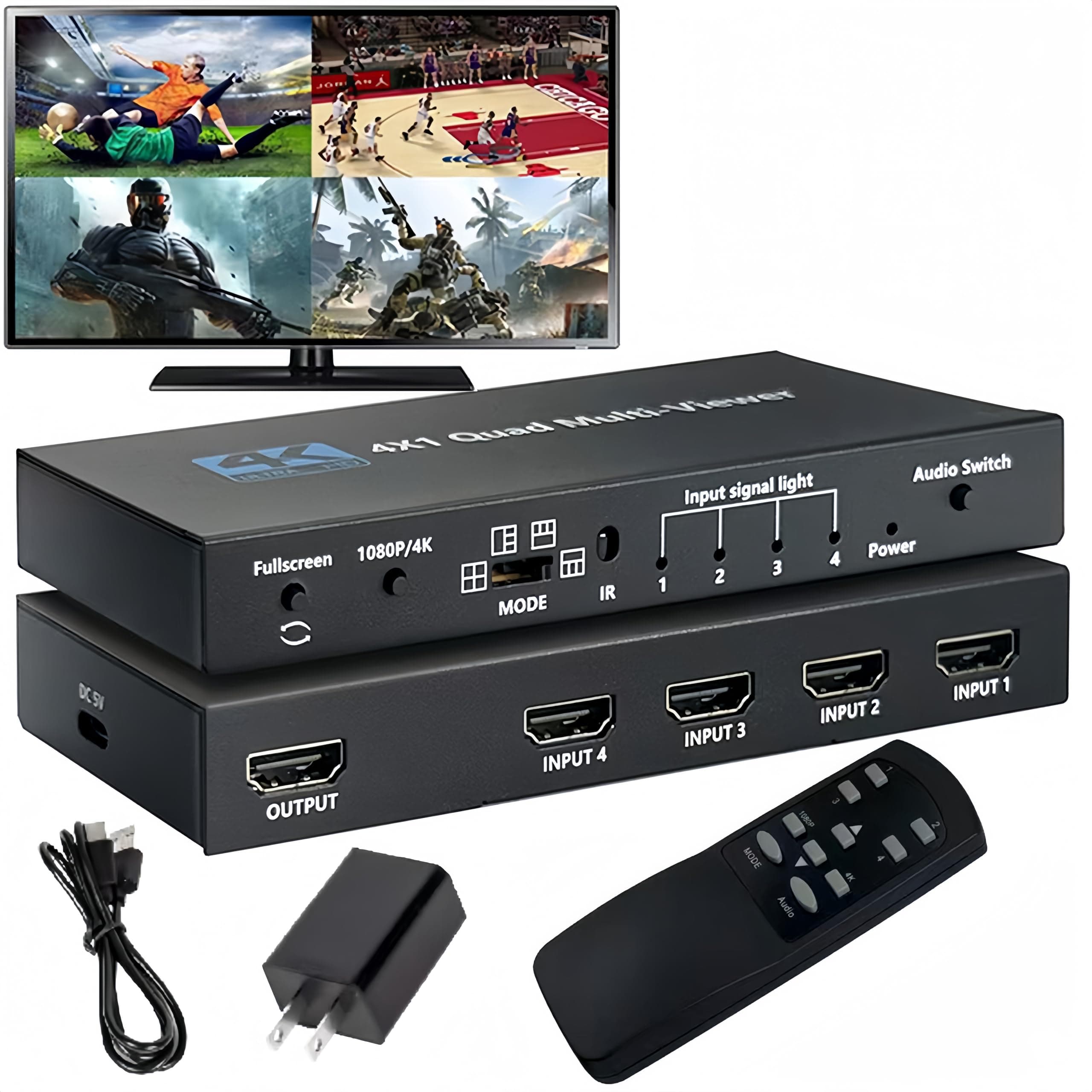 4K HDMI Multiviewer 4X1 with IR Remote 4 Channels Screen Divider 4HDMI Input 1 Output Seamless Switch Supports 4K@60Hz(YUV)/4K@30Hz(RGB)/1080P Full HD HDCP1.4 5 View Modes 1×1 2×2 1＋3 etc