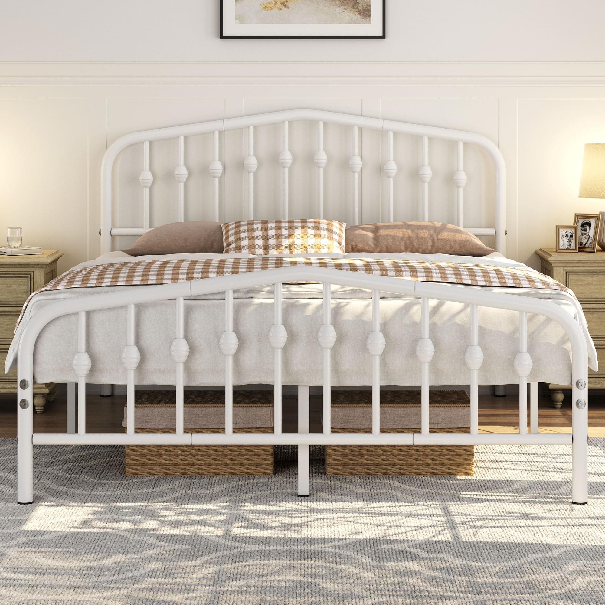 Yaheetech 5ft King Bed Frames Slatted Metal Bed with Crown-inspired Design Headboard/Spacious Under-bed Storage White