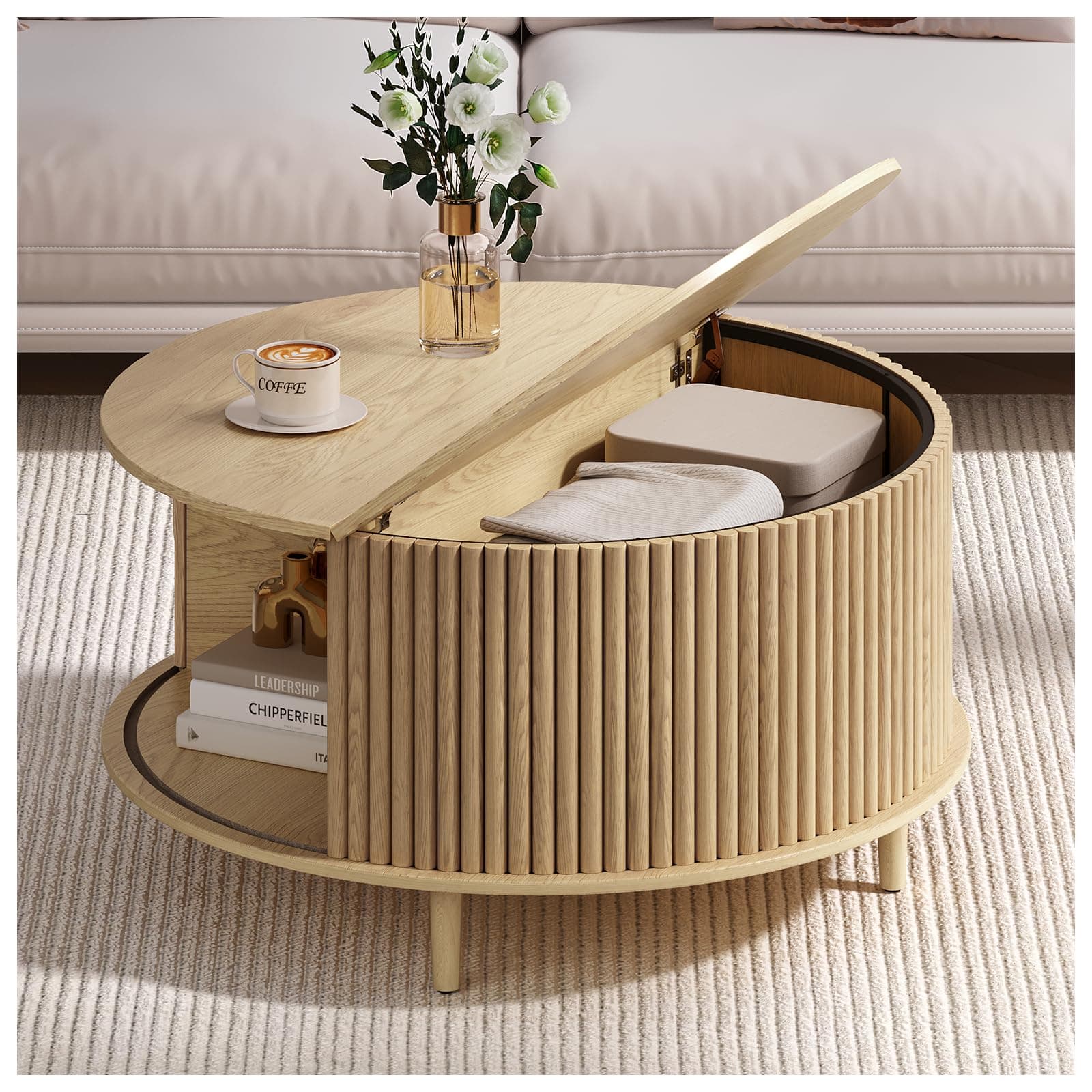Round Coffee Table with Storage, 31.5" Natural Oak Fluted Center Table with Sliding Door, Modern Circle Drum Table for Living Room, Scandi Wood Furniture for Small Spaces