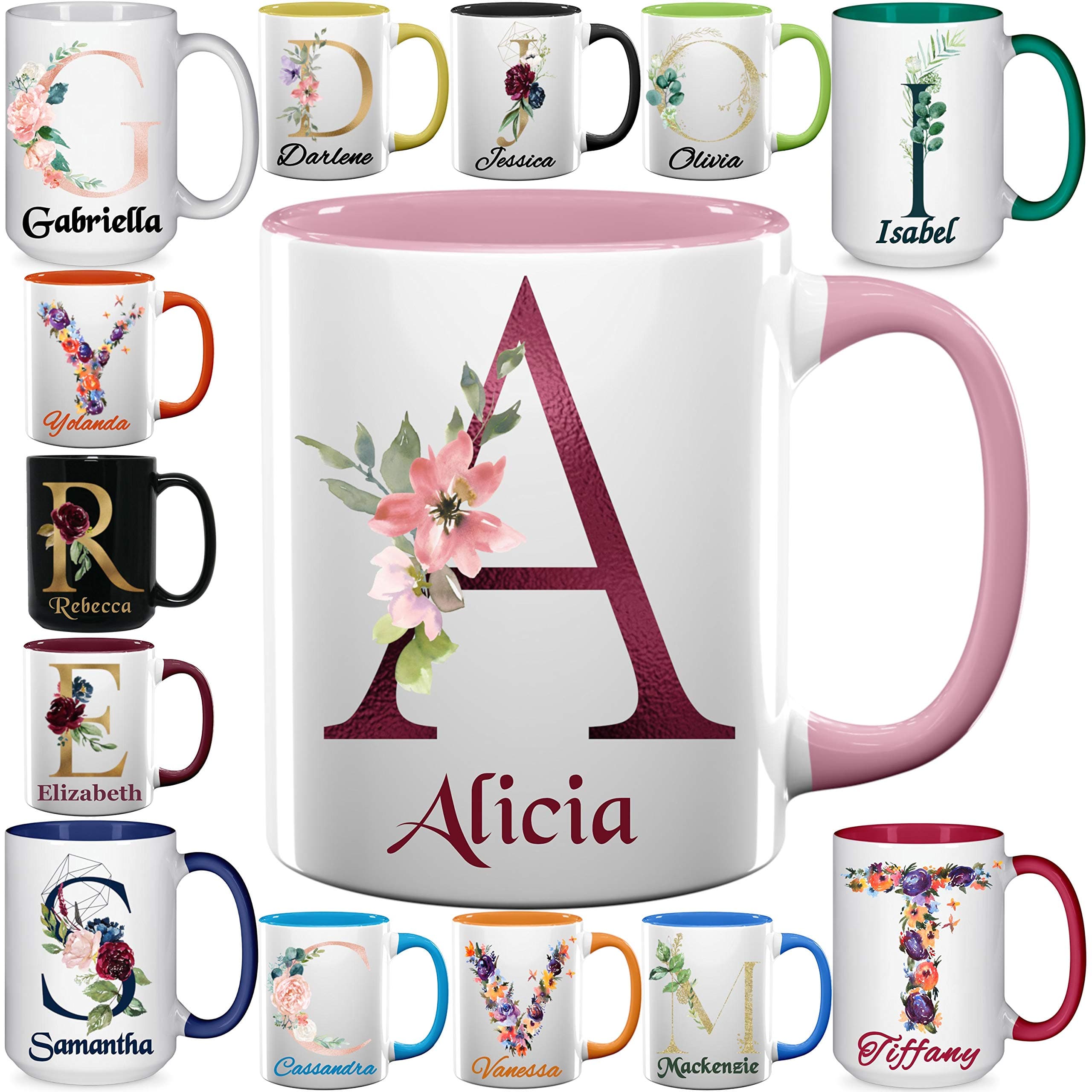 Custom Coffee Mugs - Personalized Ceramic Cups with Initial Name Monogram - 11 & 15 oz