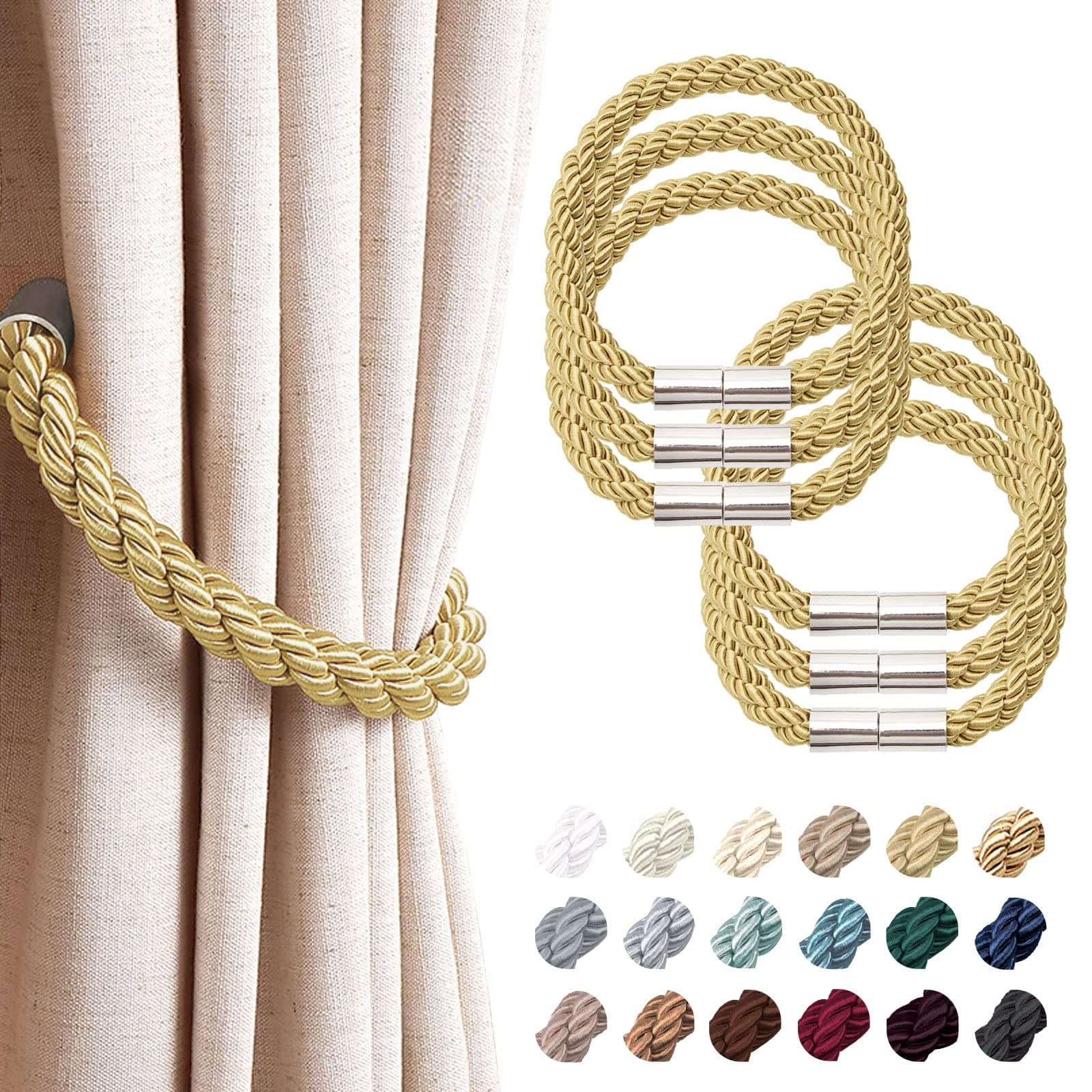 NICEEC 6 Pack Strong Magnetic Curtain Tiebacks Modern Simple Style Drape Tie Backs Convenient Decorative Weave Rope Curtain Holdbacks for Thin or Thick Home & Office Window Draperies (Gold)